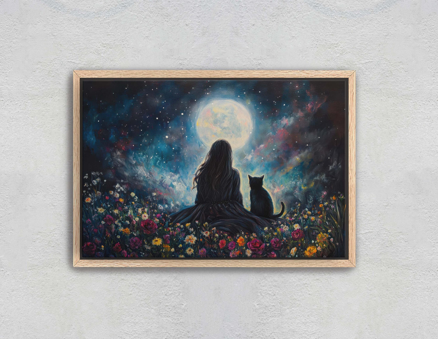 Girl and Cat Moon, Moonlit Night, Dreaming of Tomorrow, Halloween Art, Full Moon, Witch and Cat