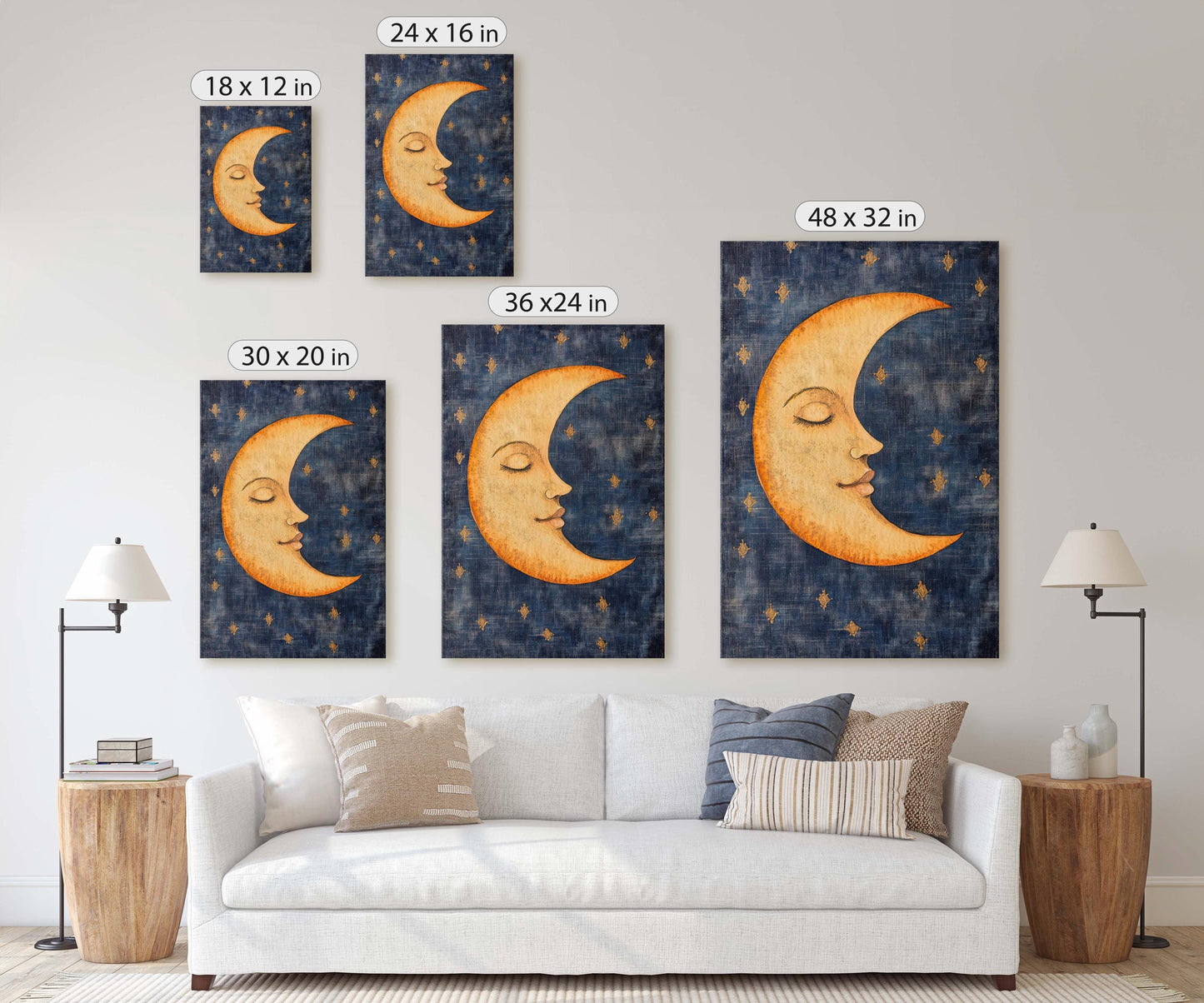 Vintage Moon Sleeping, Moon Face Painting, Retro Art, Moon in Sky