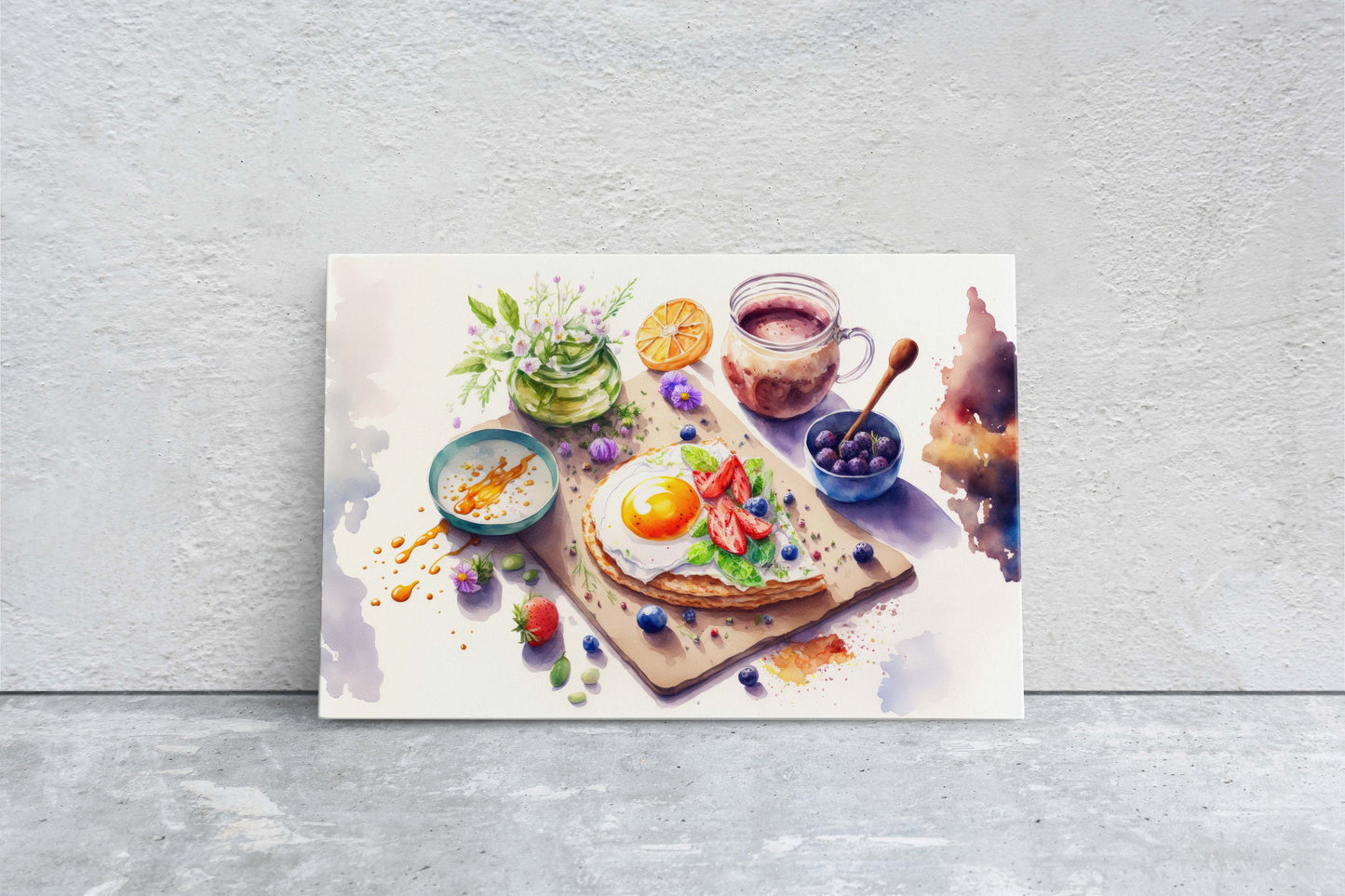 Watercolor Breakfast Canvas Art Ready To Hang Large Print, Oil Painting, Colorful, Eggs, Water Color, kitchen