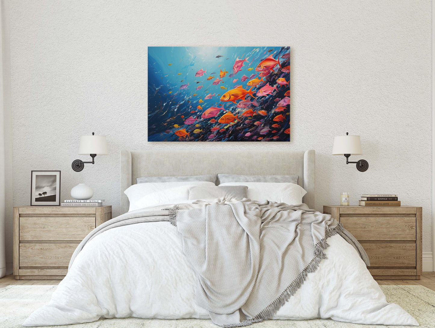 Fish School Painting, Canvas Wall Art, Abstract Blue Sea Painting, Boho Wall Décor, Custom Painting, Home Decor,Large Original,Framed Canvas