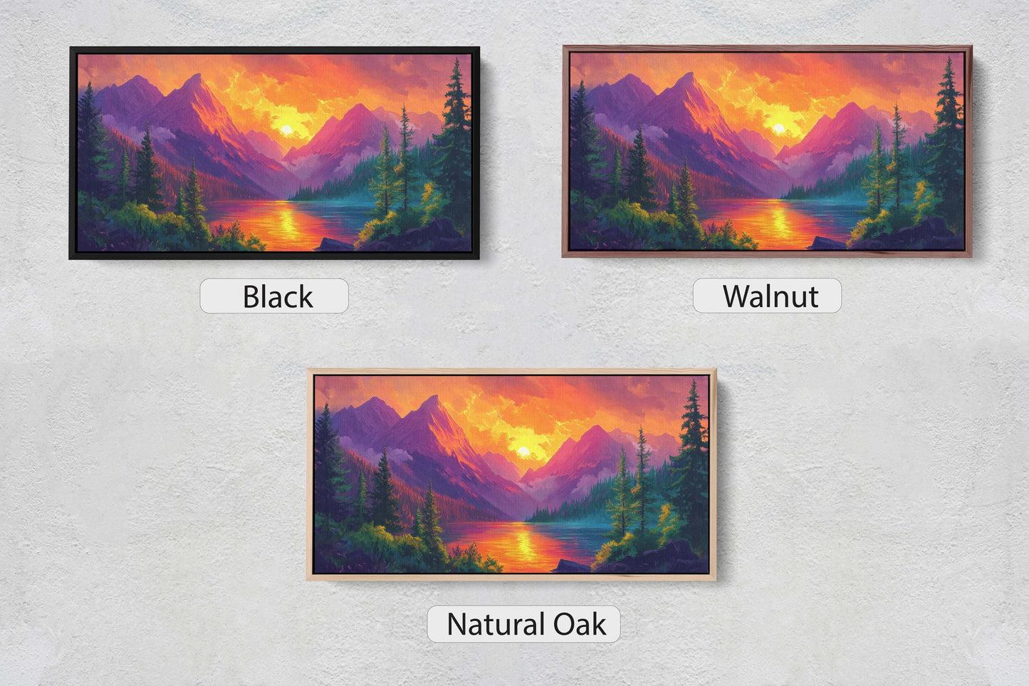 three paintings of mountains and trees with the words black, walnut, walnut, and