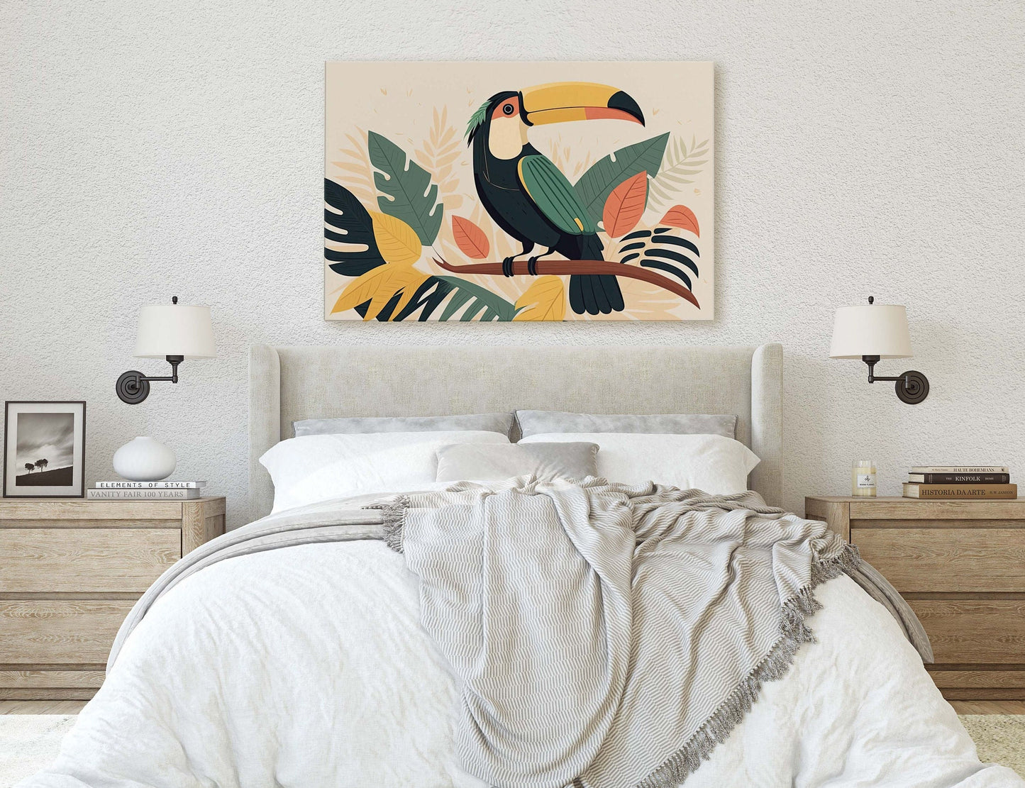 Toucan Boho Minimalist, Bird Art Deco, Mid Century Modern, Canvas Art Large Print,Painting, Landscape, Botanical Tropical