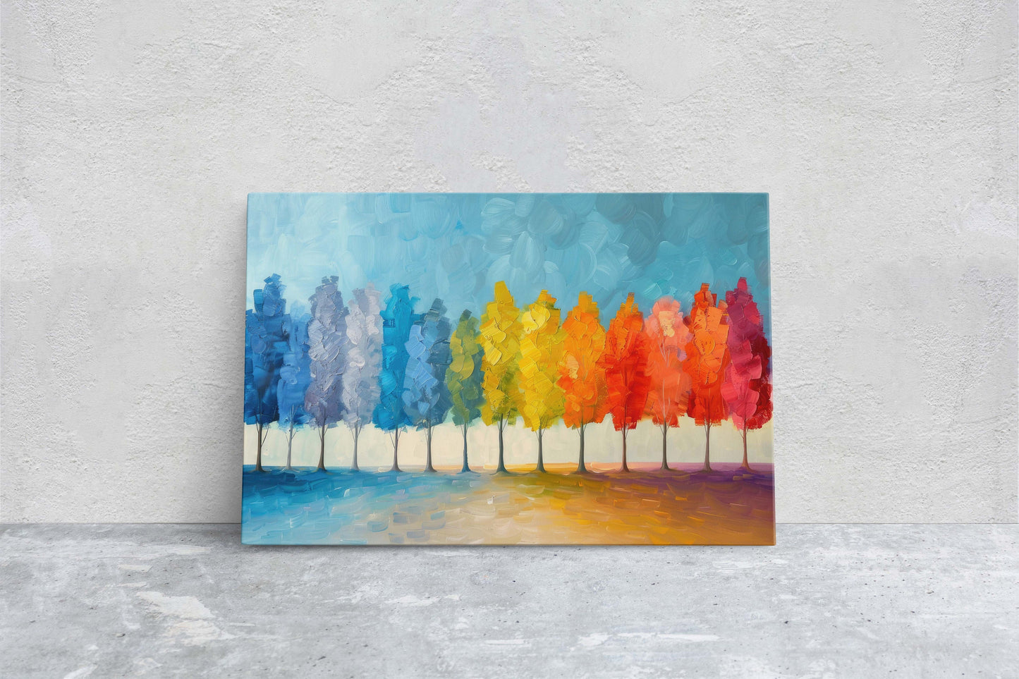Pastel Trees, Seasons Painting, Rainbow Tree, Spring Summer, Fall Winter, Blue Tones, Colorful Vivid, Framed Canvas, Large Art Print