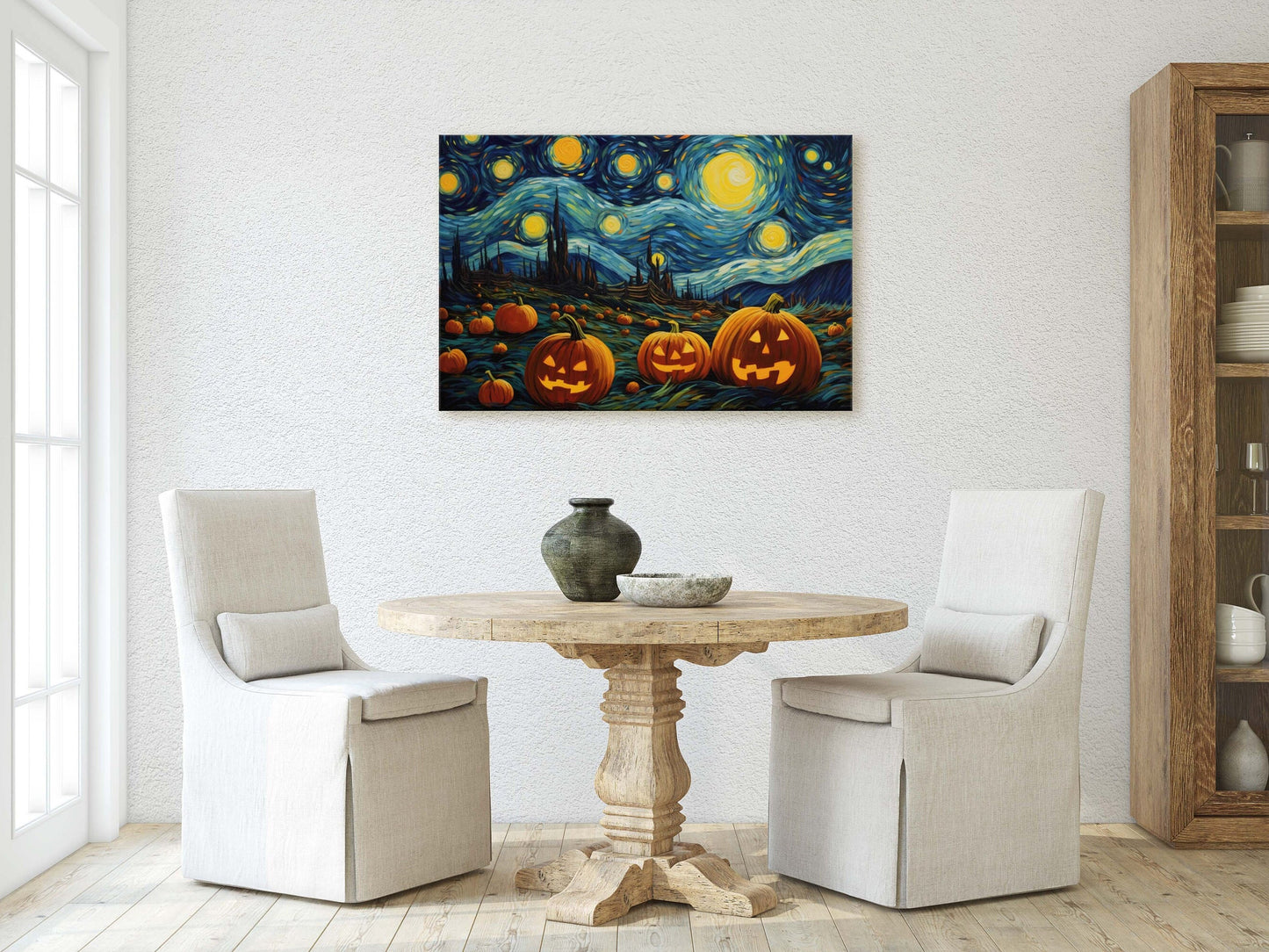 Pumpkin Starry Night on Canvas, Halloween Van Gogh, Jack-O-Lantern, Pumpkin Patch, Framed Canvas, Fun Halloween