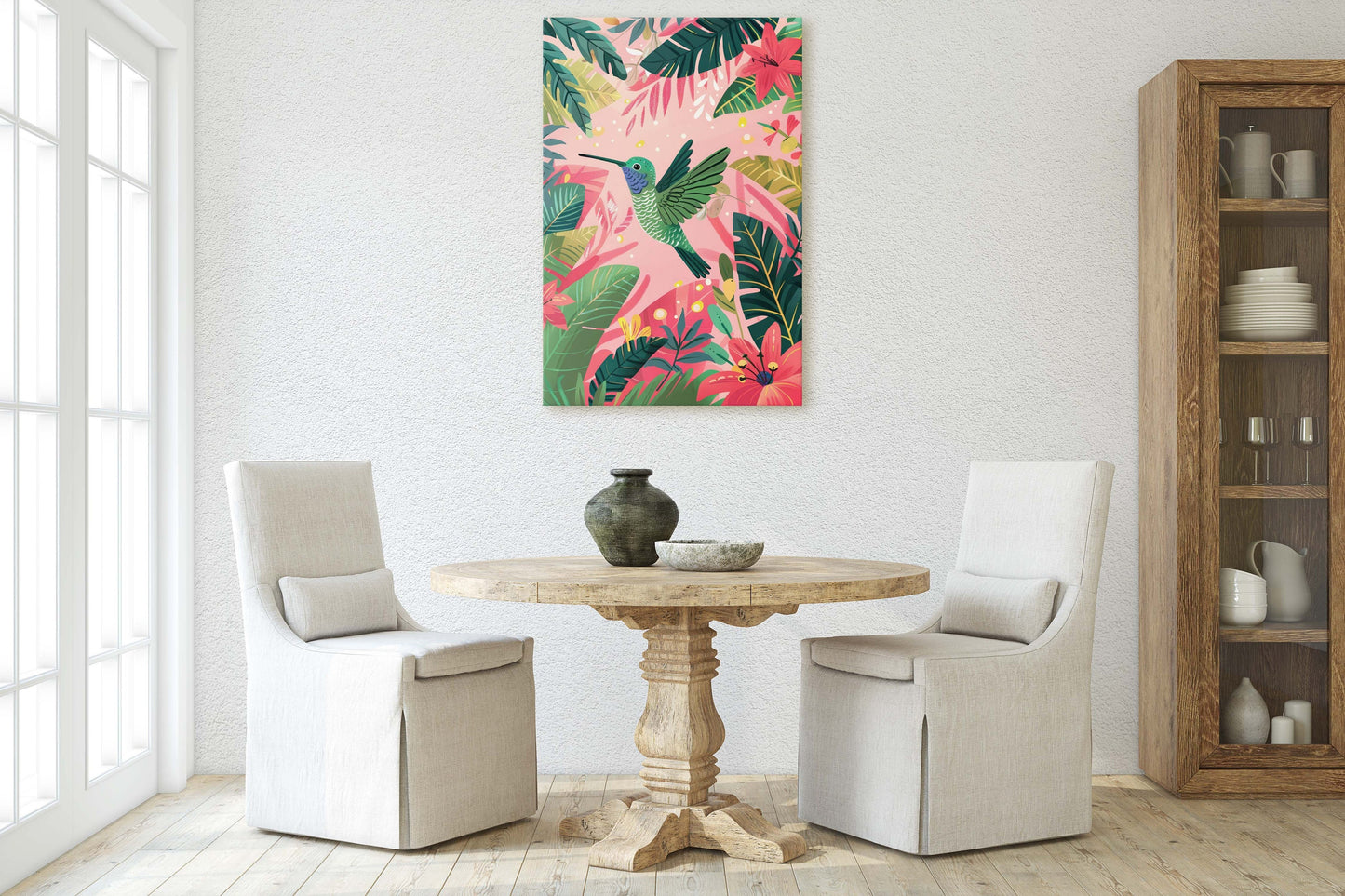 Hummingbird Illustration, Framed Canvas, Tropical Art, Maximalist Jungle, Botanical Print, Bold Eclectic, Pink Art