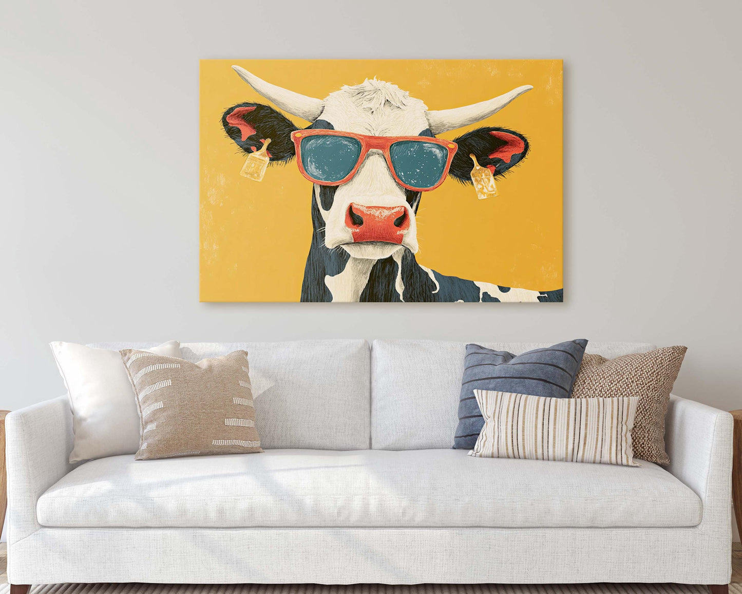 Hipster Cow, Pop Art, Street Art, Graffiti Painting, Animal Sunglasses, Yellow, Fun Quirky, Large Art Print, Kids Room, Boys Room