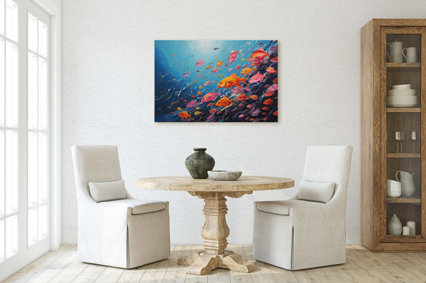Fish School Painting, Canvas Wall Art, Abstract Blue Sea Painting, Boho Wall Décor, Custom Painting, Home Decor,Large Original,Framed Canvas