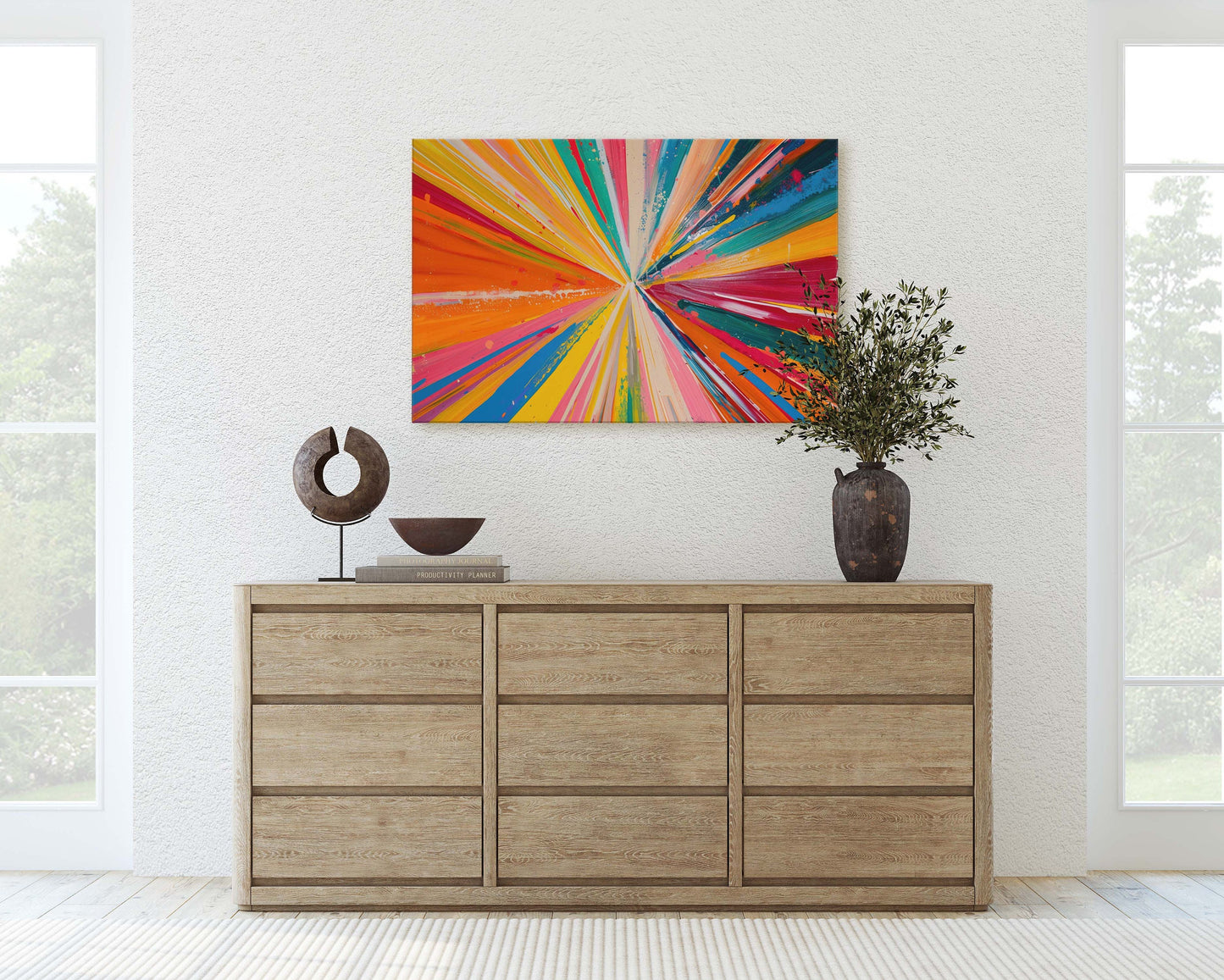 Abstract Color, Color Theory, Starburst, Sunburst, Modern Art, Contemporary, Framed Canvas, Statement Piece, Large Art Print, Rainbow Vivid