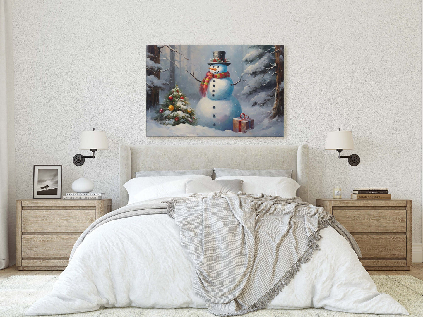 Snowman Present, Christmas Snowman, Snow Trees, Festive Decor, Holiday Art, Xmas Print, Framed Canvas, Large Print