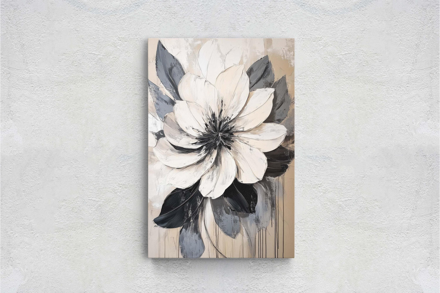 Flower Painting, Black White Flower, Contemporary Art, Beige Black White