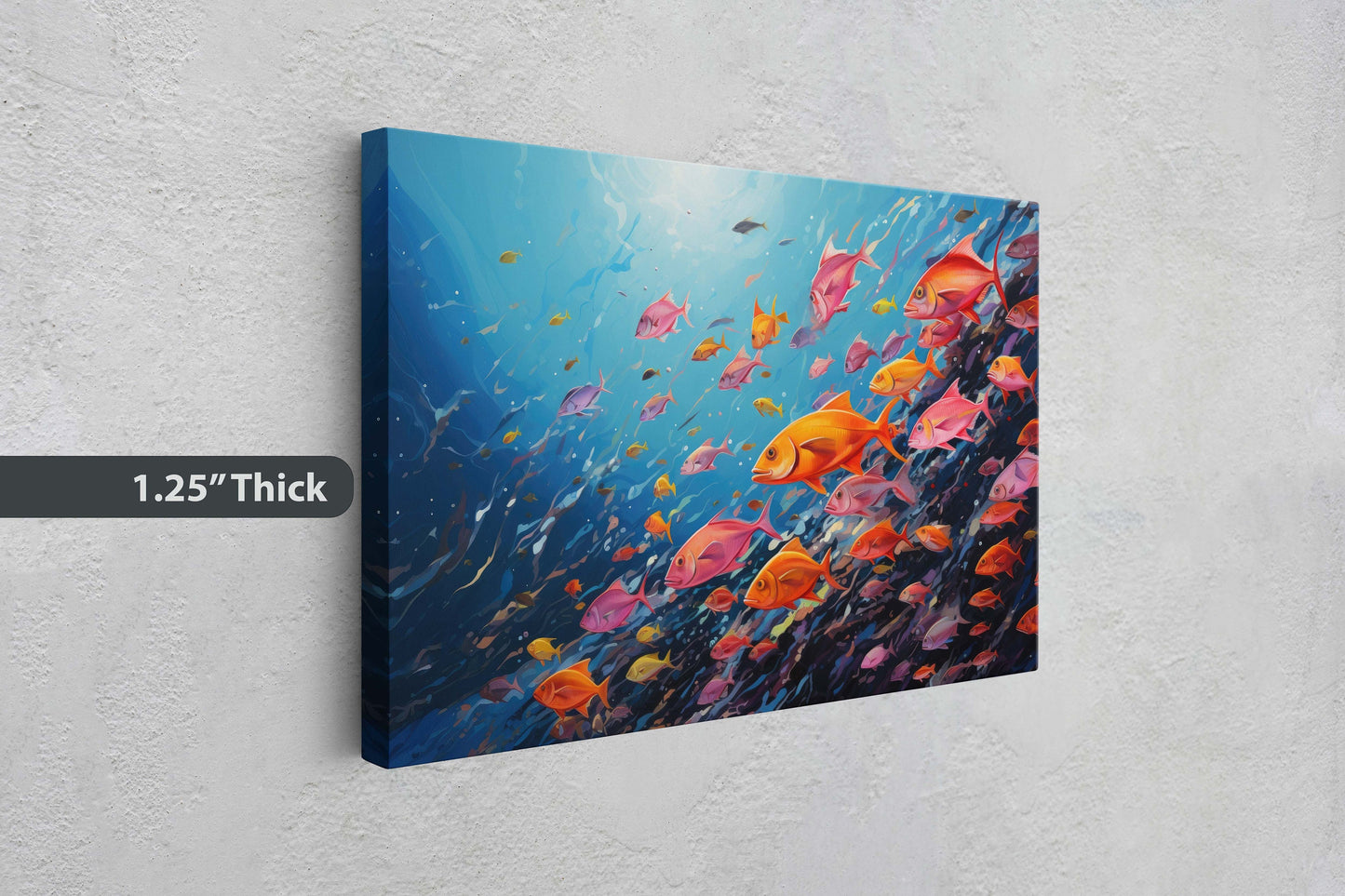 Fish School Painting, Canvas Wall Art, Abstract Blue Sea Painting, Boho Wall Décor, Custom Painting, Home Decor,Large Original,Framed Canvas