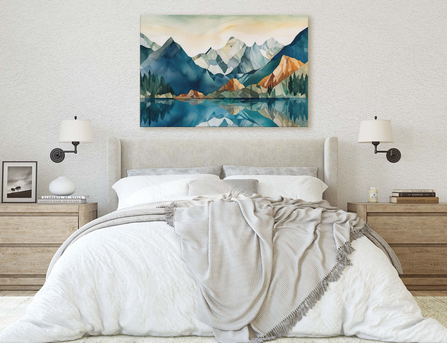Lakeside Mountains on Canvas, Lake View mountains, Abstract Landscape, Modern Landscape, Neutral Tones, Subtle color, Watercolor Print