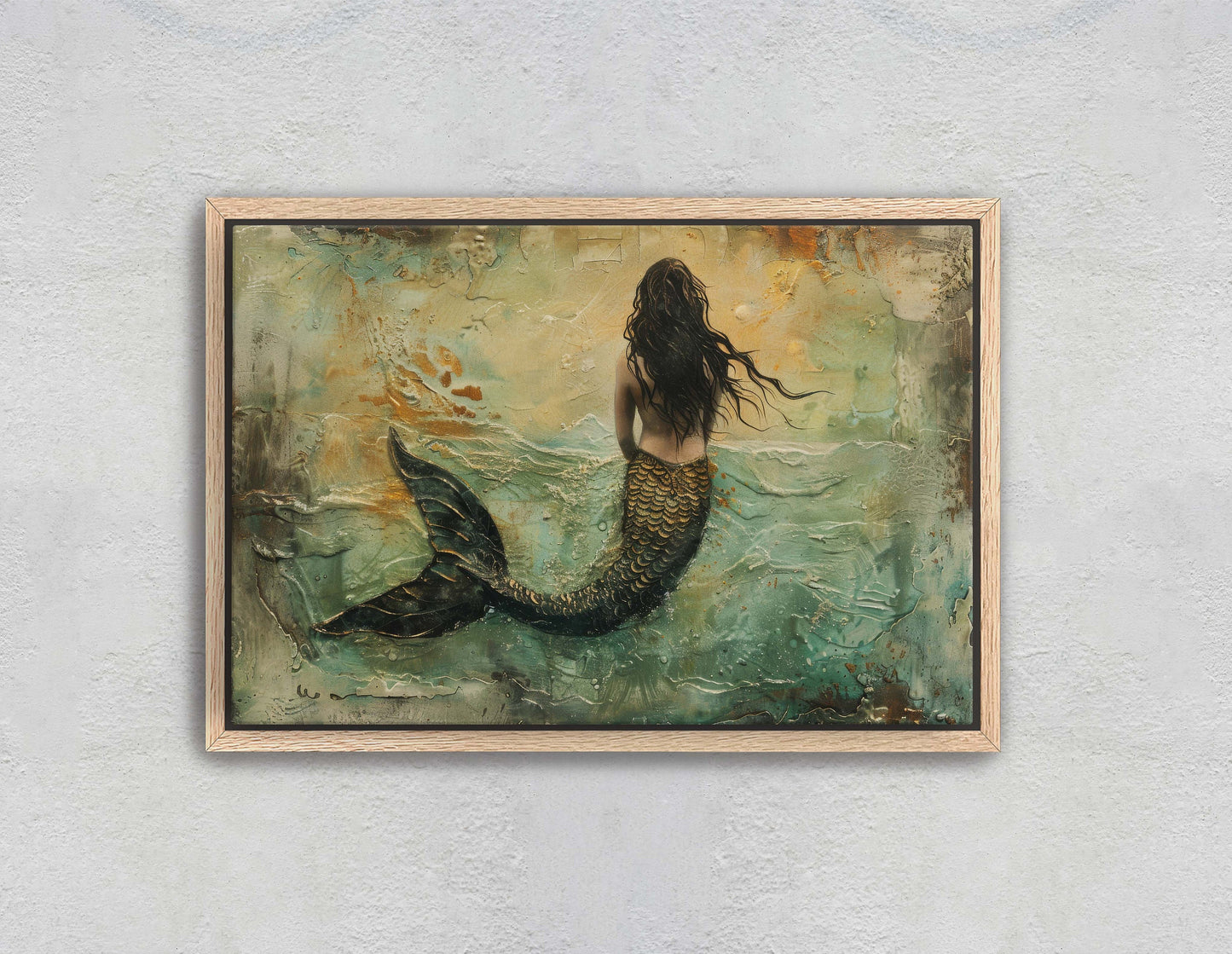 Mermaid in Solitude, Nautical Artwork, Ocean Decor, Mythical Creature, Fantasy Decor, Faux Metal, Framed Canvas, Extra Large Print