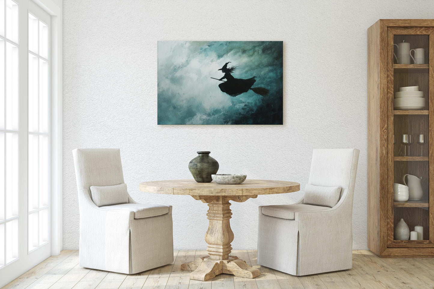 Flying Witch, Witch on Broomstick, Whimsical Decor, Full Moon, Halloween Art, Cloudy, Fall Art