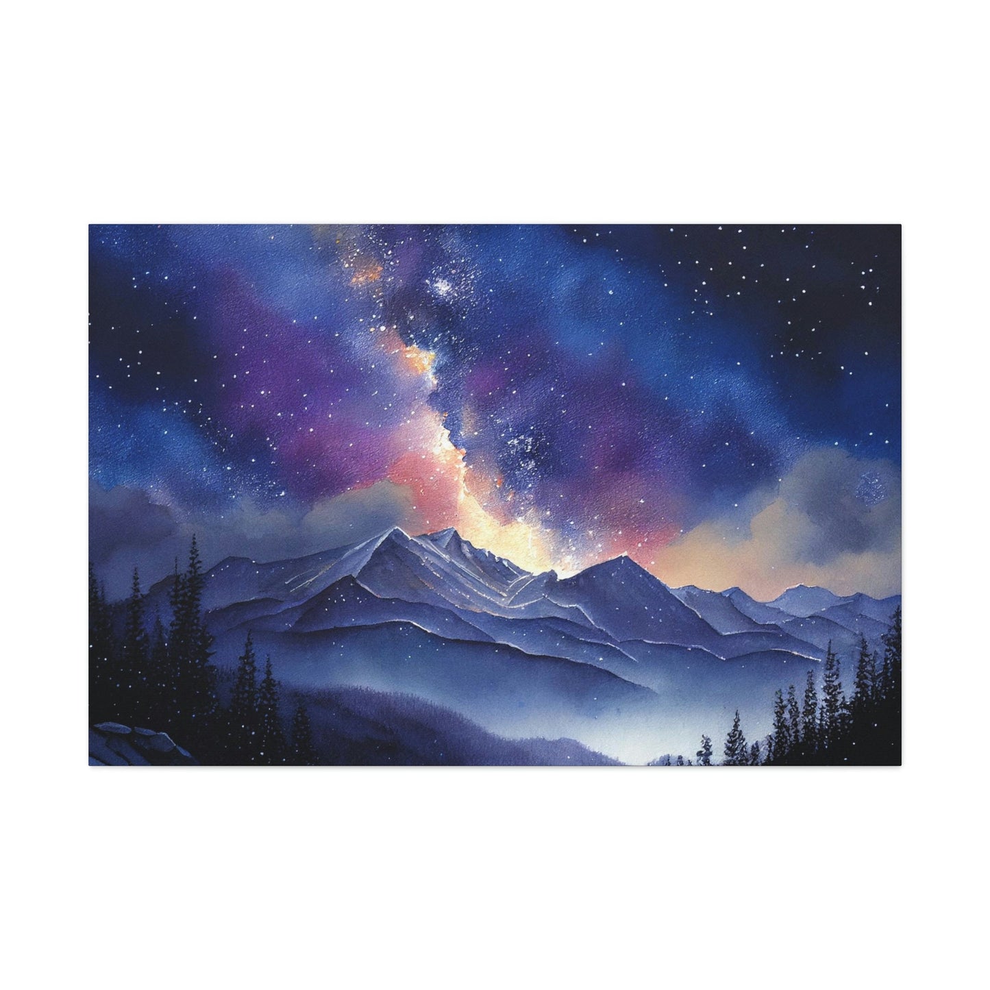 Night Sky Over Mountain Range Painting Stretched Canvas Art