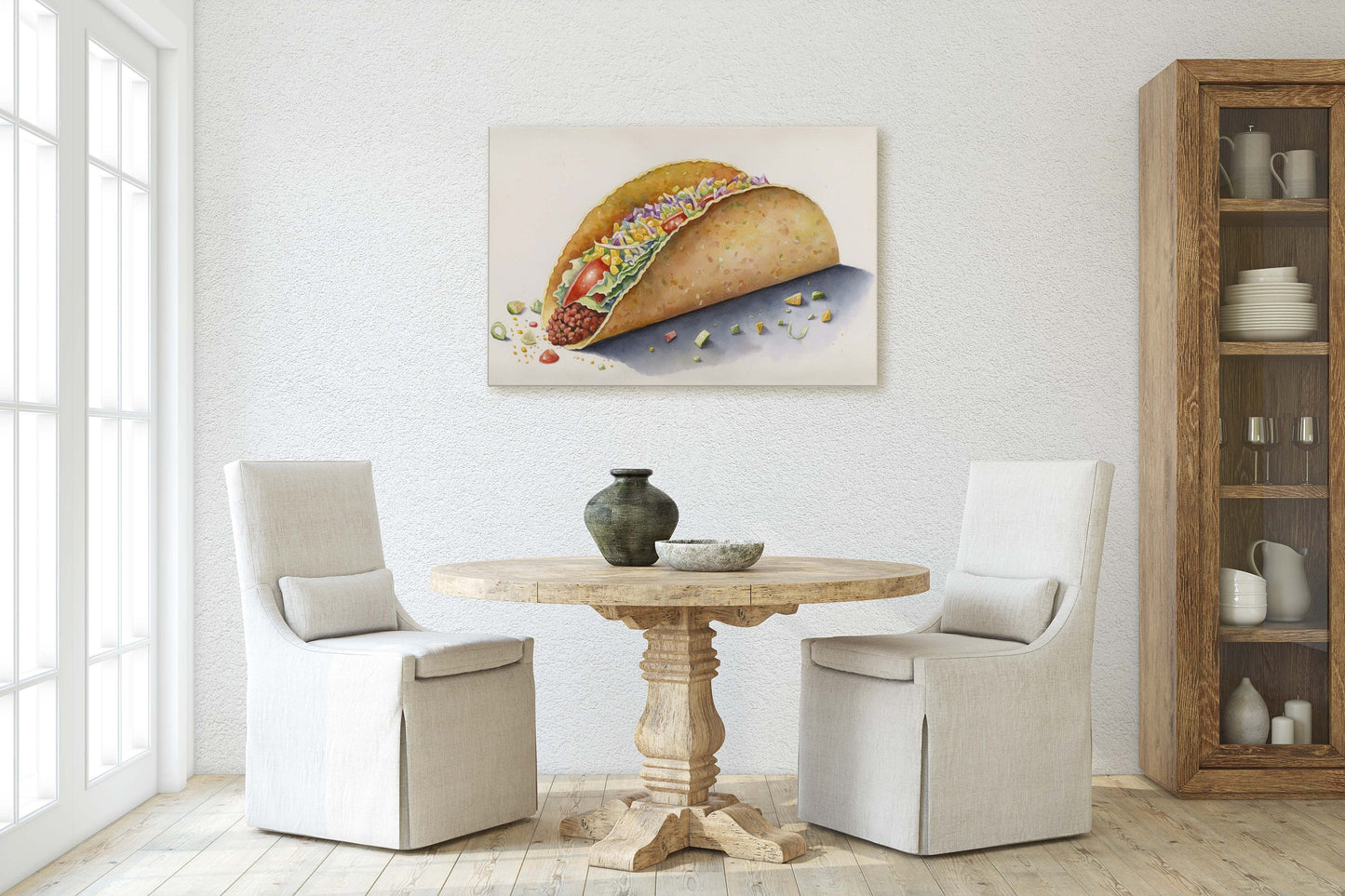 Taco Watercolor, Canvas Art, Ready To Hang Large Print, Colorful, Water Color, Mexican food, Kitchen Art, Dining Room, Restaurant Art