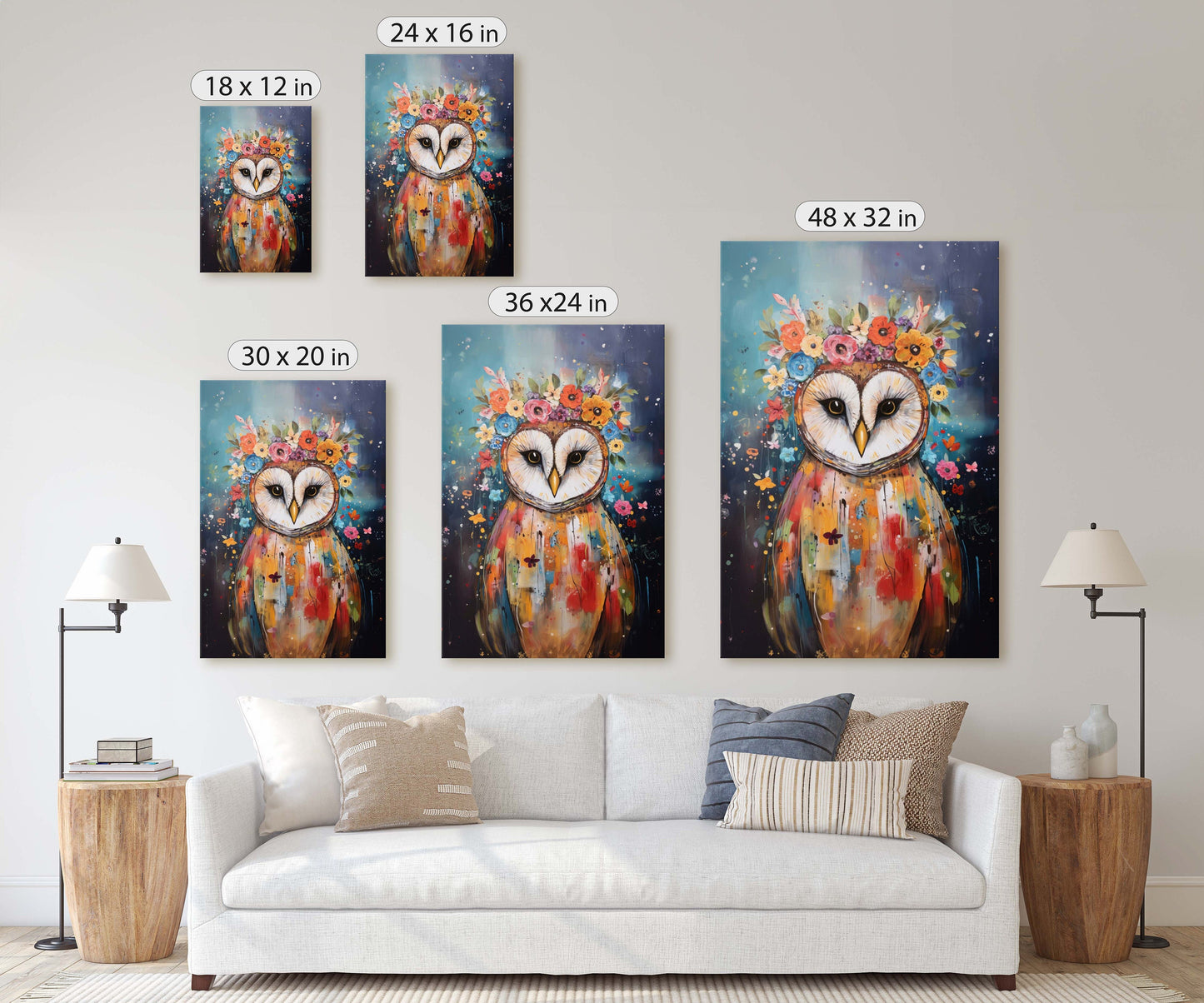 Owl Canvas Art, Modern Colorful, Contemporary Art, Ready To Hang, Large Print, Landscape Painting, Barn Owl