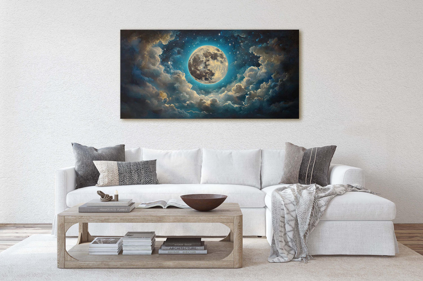 Full Moon Vintage ,Cloudy Moon Sky, Moon Painting, Moon and Stars