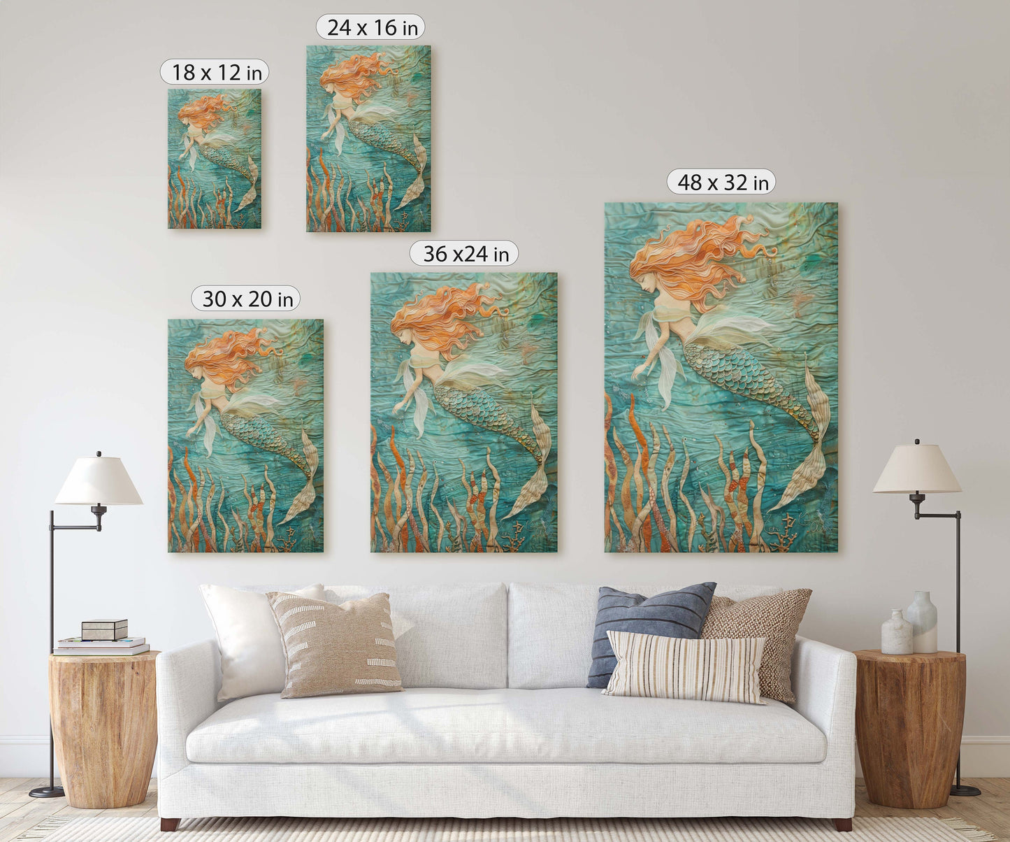 Mermaid in Garden, Nautical Artwork, Ocean Decor, Mythical Creature, Fantasy Decor, Faux Fabric, Framed Canvas, Extra Large Print