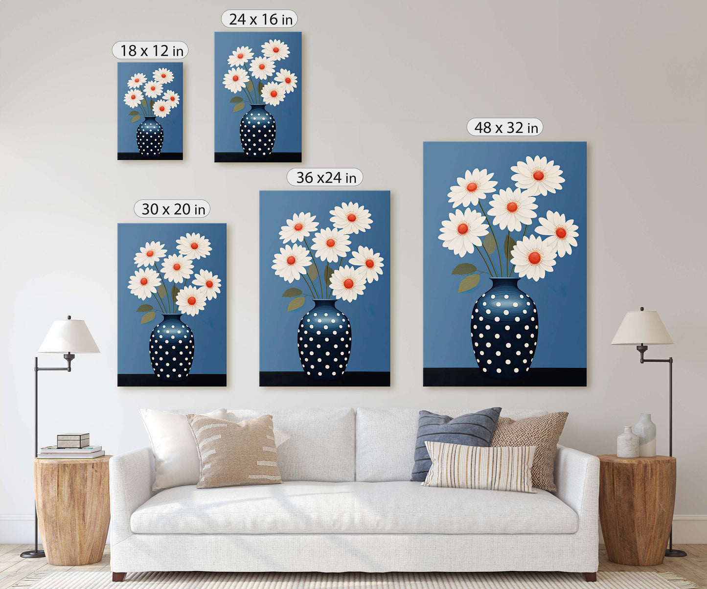 Flower Vase Painting, Contemporary Blue, White Floral Art, Framed Canvas, Large Art Print, Vertical Portrait, Indigo and White, Modern