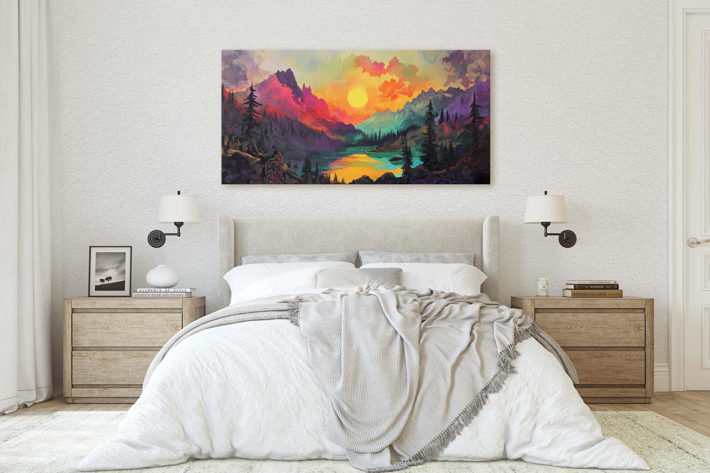 Colorful Mountain Sunrise on Canvas, Smoky Forest, Foggy Mountains, Vibrant Color, Abstract Art