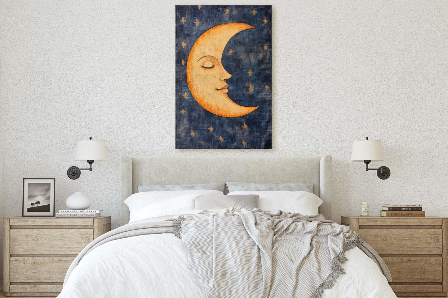 Vintage Moon Sleeping, Moon Face Painting, Retro Art, Moon in Sky