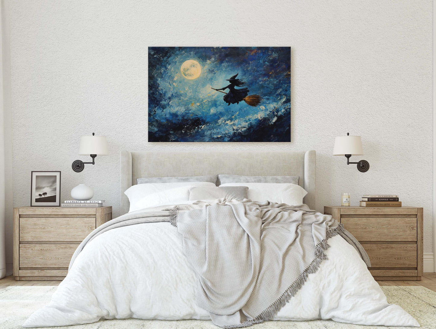 Flying Witch, Witch on Broomstick, Whimsical Decor, Full Moon,Halloween Art, Star Sky, Cloudy