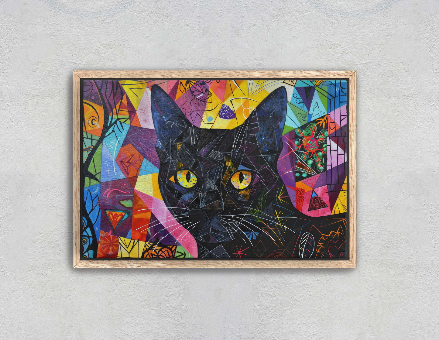 Geometric Cat Art, Whimsical Colorful, Abstract Cat, Pop Art, Large Art Print, Framed Canvas, Black Cat, Cat Lover, Animal Art