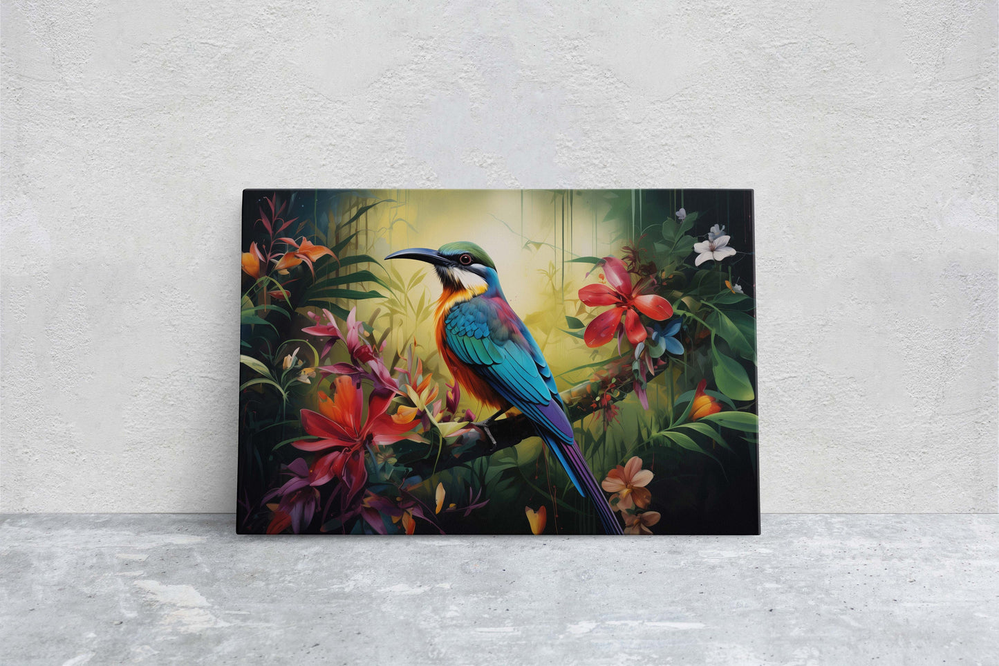 Jungle Bird Painting, Jungle Art, Green Jungle, Framed Canvas, Large Print, Beautiful Bird, Flower Jungle, Tropical Forest, Rainforest Art