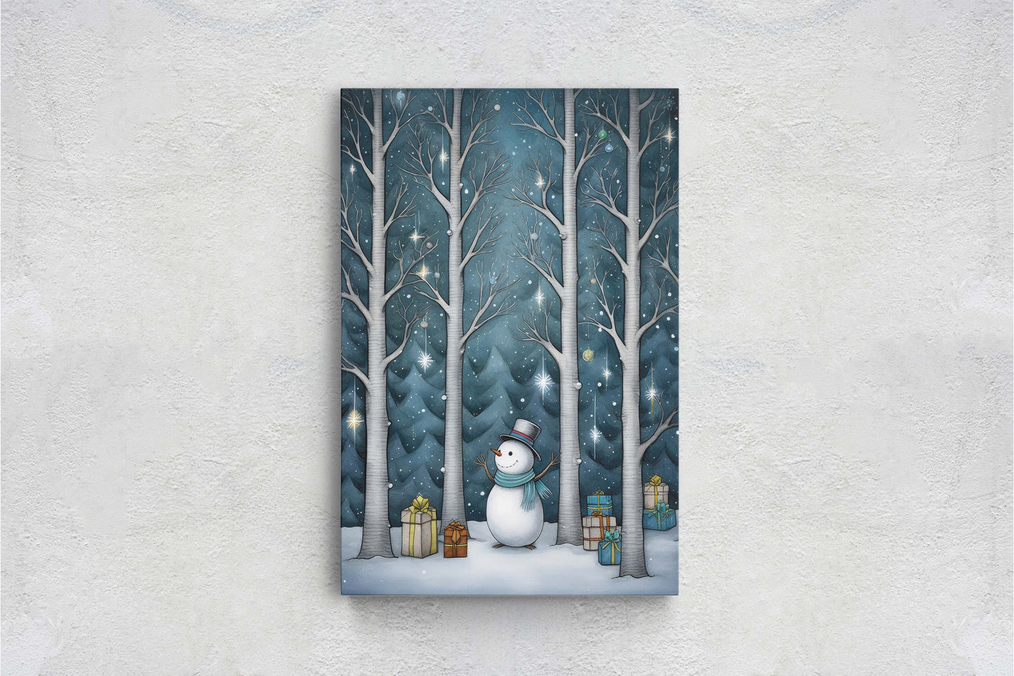 Snowman Presents Forest, Illustration Style, Snowy Forest, Snow Presents, Framed Canvas, Christmas Decor, Large Print, Winter Decor