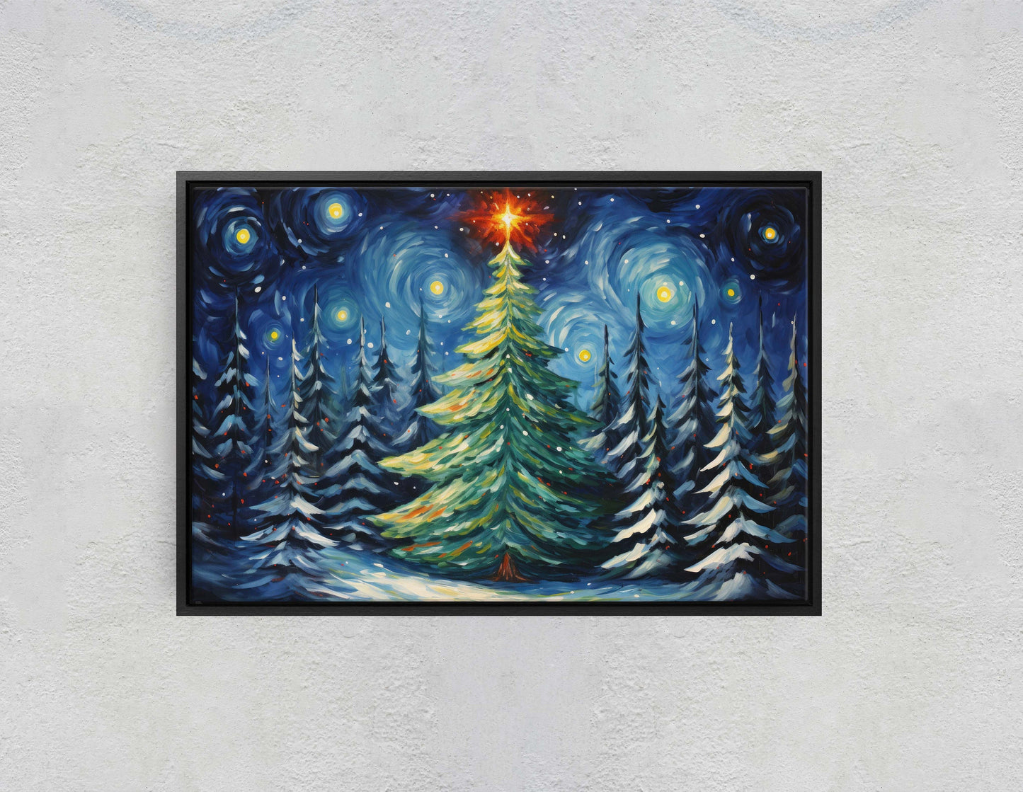 Starry Christmas Tree, Starry Night, Christmas Painting, Xmas Decor, Framed Canvas, Large Painting, Festive Print, Winter Art