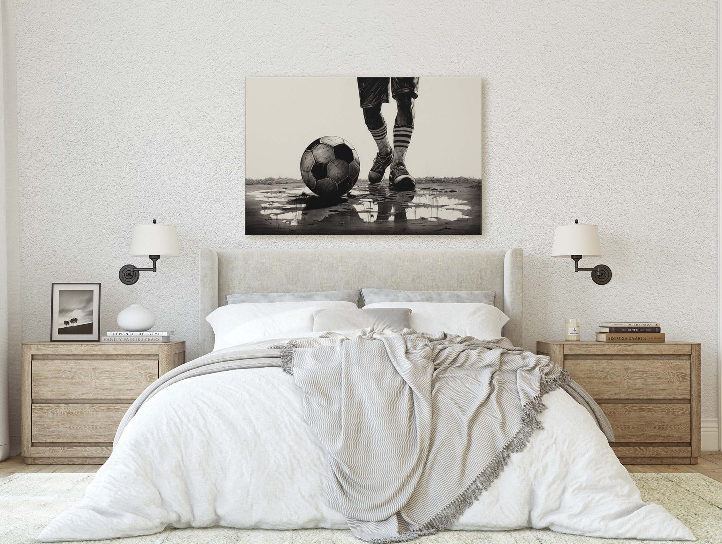 Soccer Painting, Black and White, Sports Decor, Soccer Player, Framed Canvas, Large print, Gift for Dad, Gift for Him
