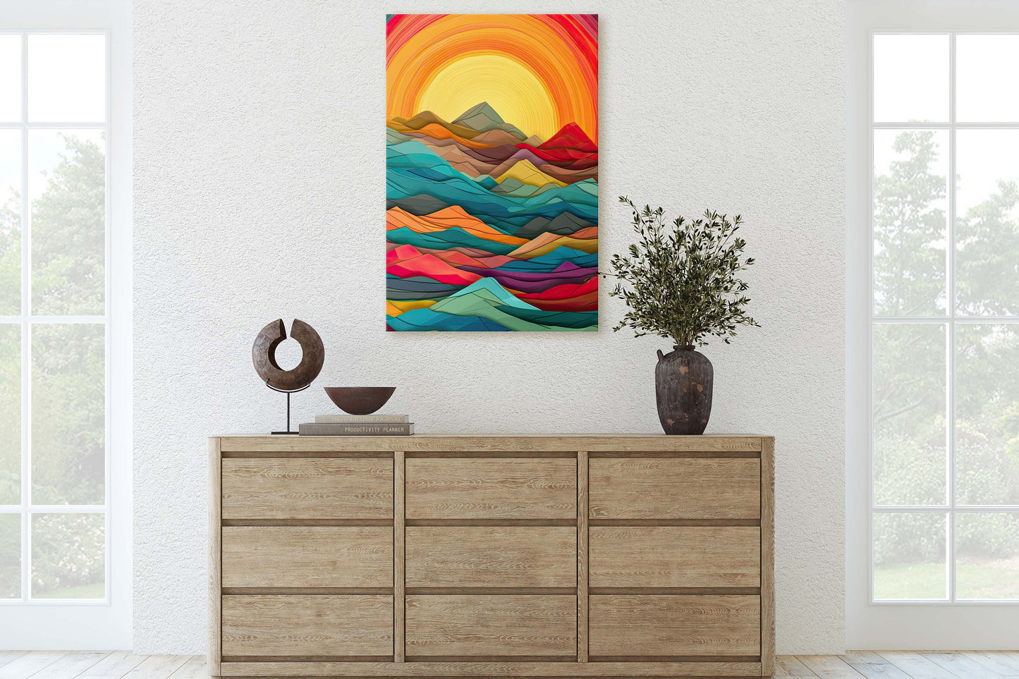 Sunshine Mountain on Canvas, Sunset Decor, Flat Art, Vibrant Color, Bold Art, Vertical, Abstract, Mid Century Modern, Scandinavian Print