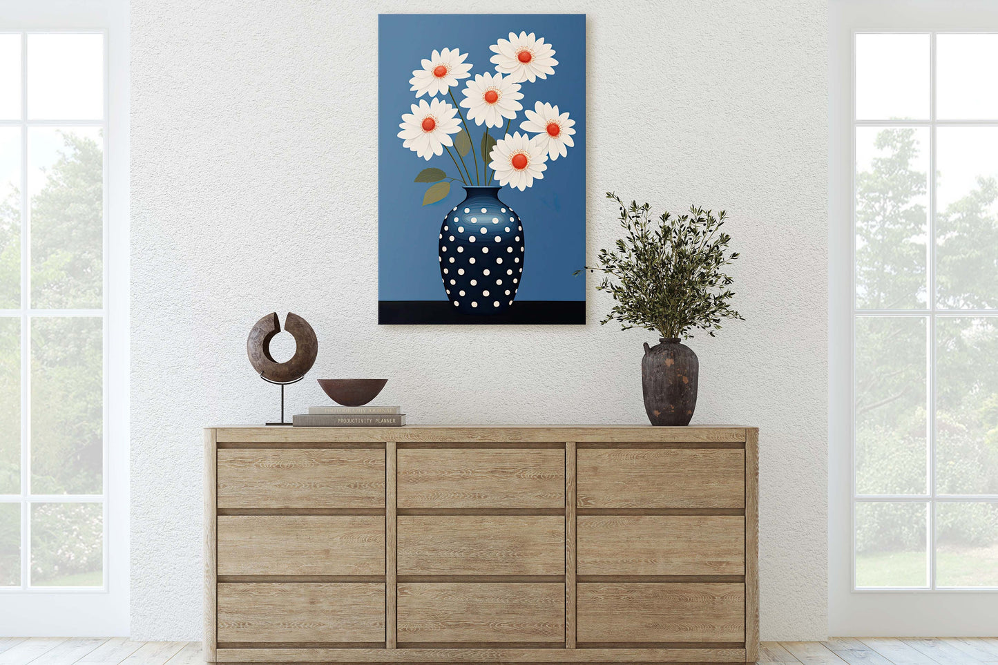 Flower Vase Painting, Contemporary Blue, White Floral Art, Framed Canvas, Large Art Print, Vertical Portrait, Indigo and White, Modern