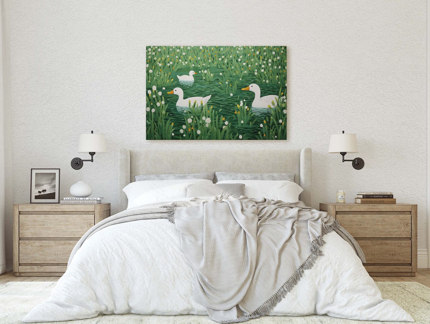 Ducks on Pond, Green Pond, Simple Minimal, Framed Canvas, Green and White, Emerald Green, Large Art Print, Mallard Duck, Lake, Marsh