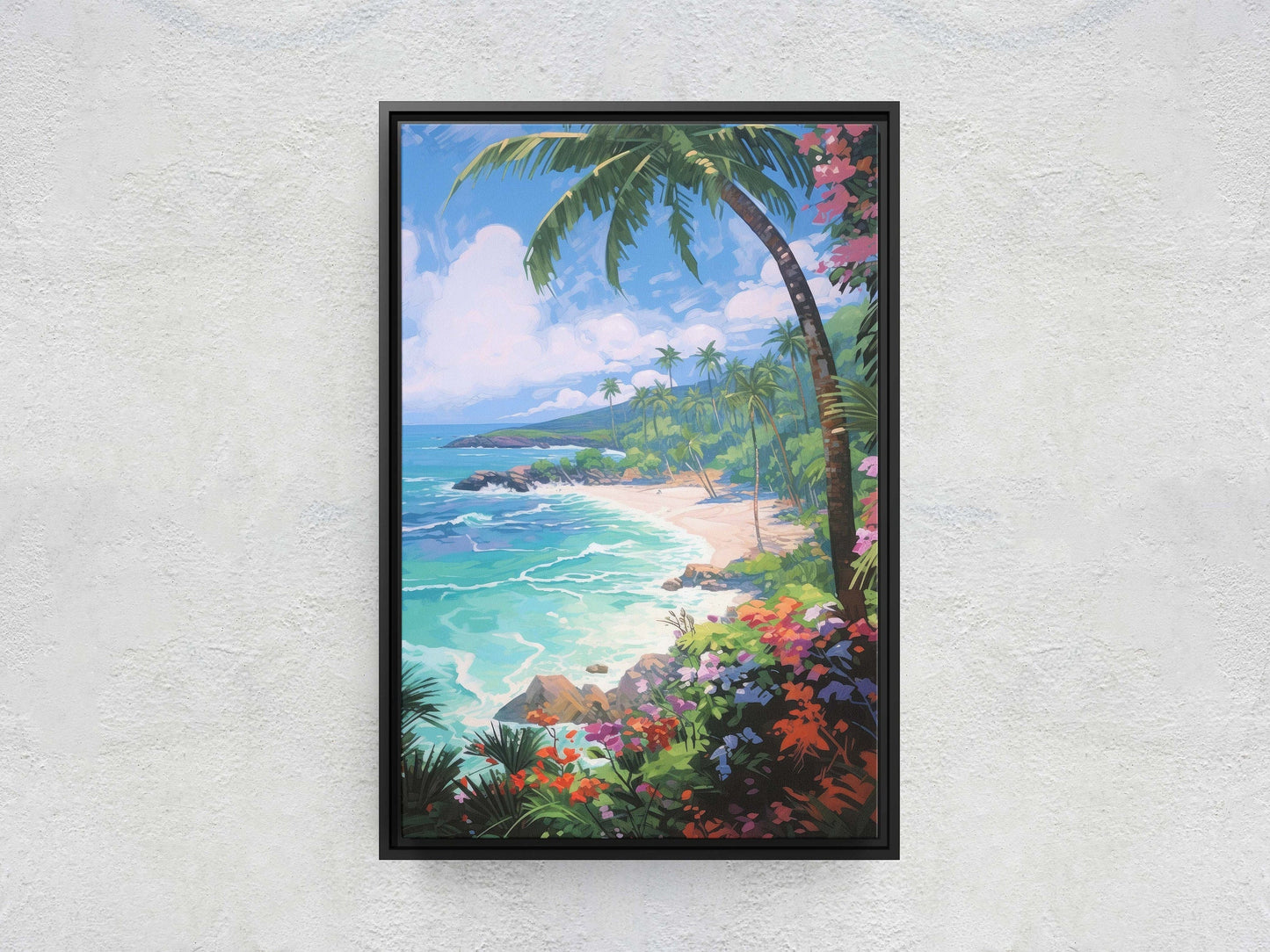 Flower Beach on Canvas, Coastal Painting, Palm Tree, Tropical Island, Framed Canvas, Palm Coast, Green Water, Blue Water