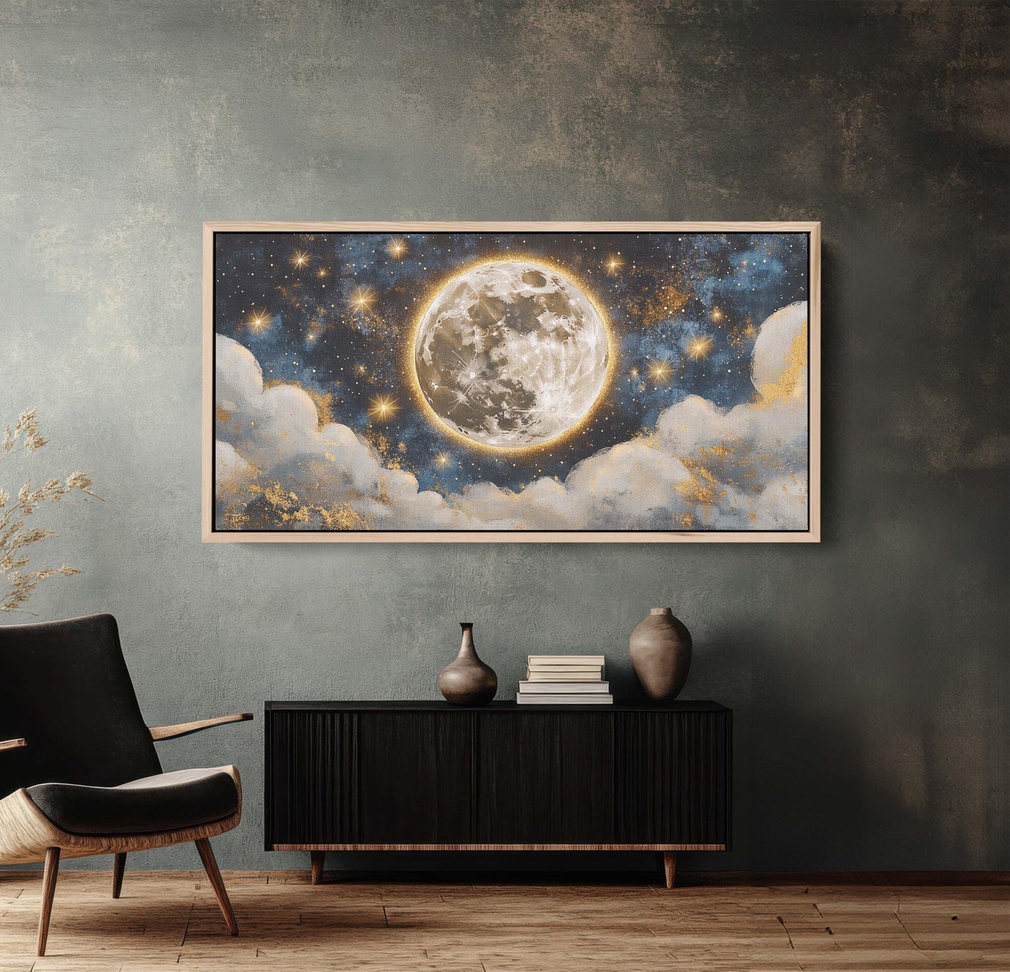 Full Moon Vintage ,Cloudy Moon Sky, Moon Painting, Moon and Stars