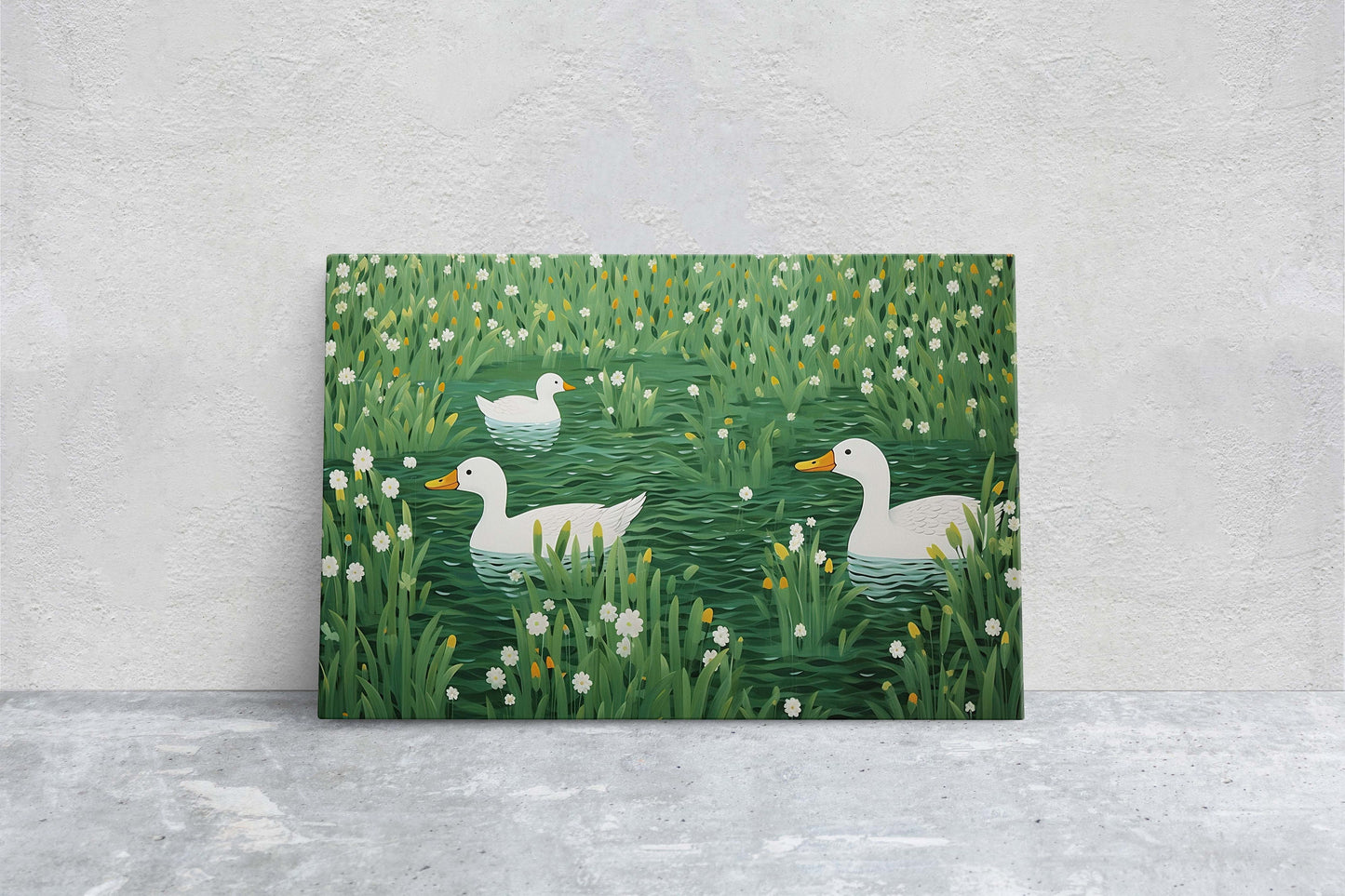 Ducks on Pond, Green Pond, Simple Minimal, Framed Canvas, Green and White, Emerald Green, Large Art Print, Mallard Duck, Lake, Marsh