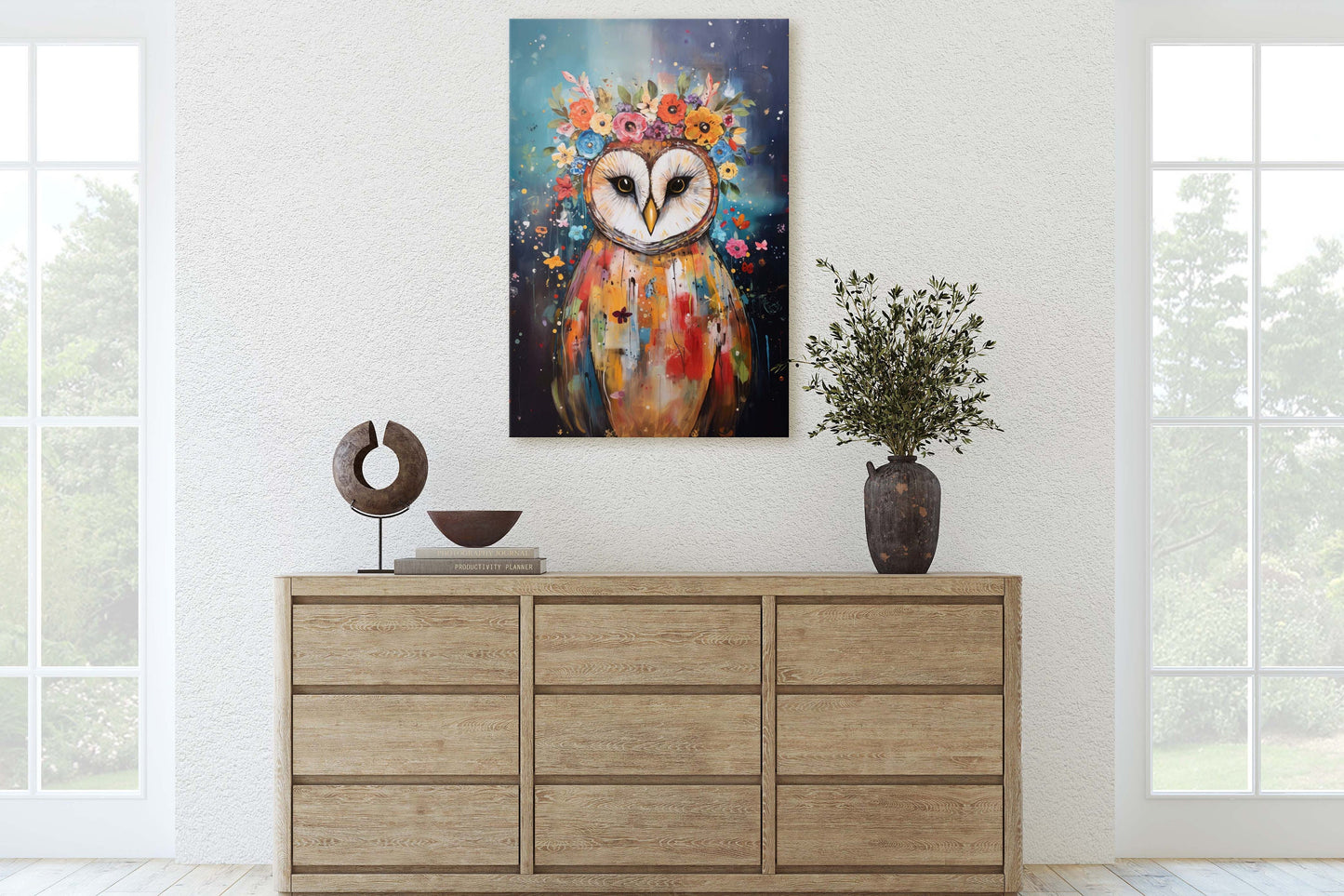 Owl Canvas Art, Modern Colorful, Contemporary Art, Ready To Hang, Large Print, Landscape Painting, Barn Owl