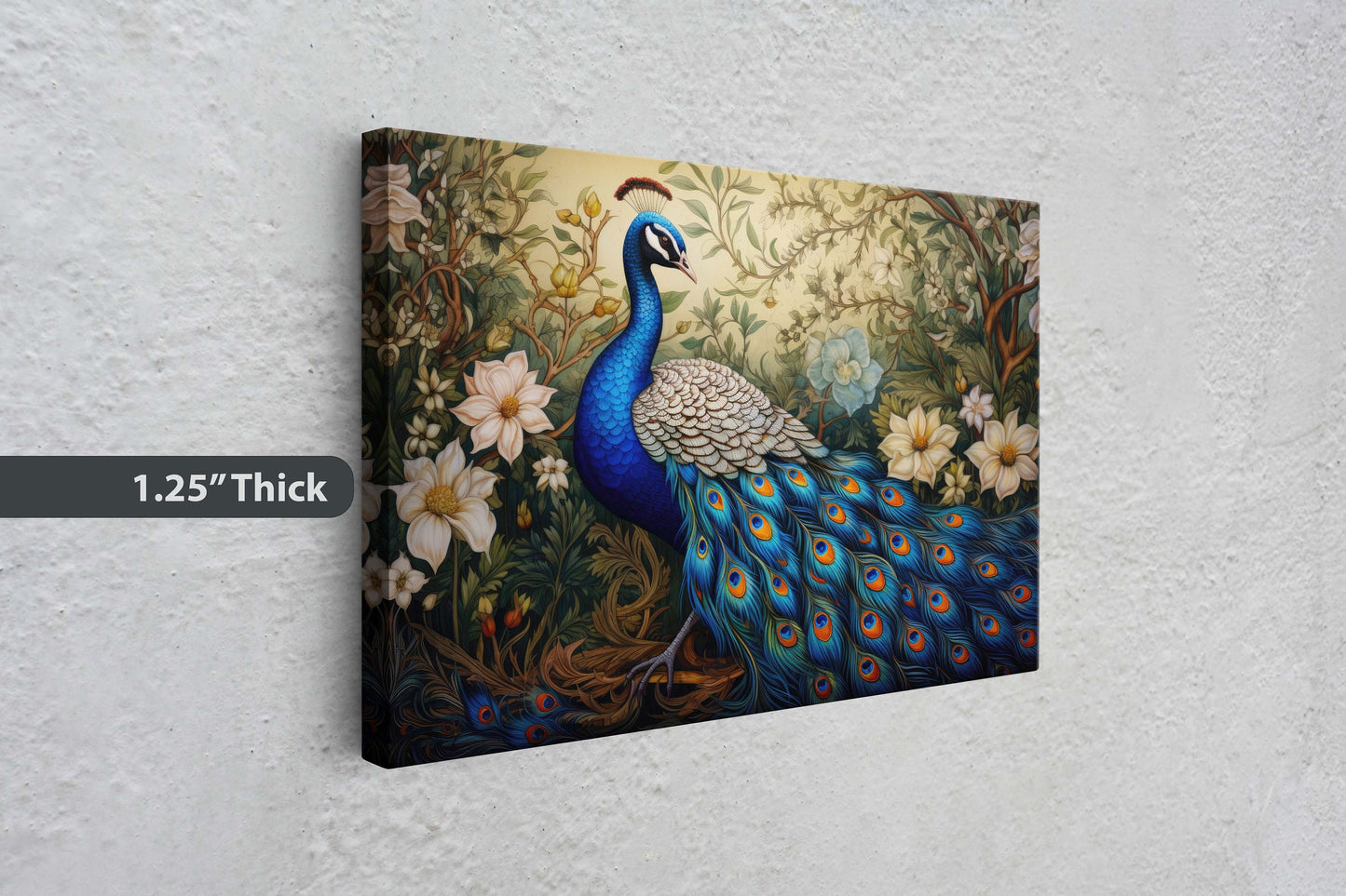 Peacock Painting, White Flowers, Oriental Decor, Traditional Decor, Framed Canvas, Bird Print