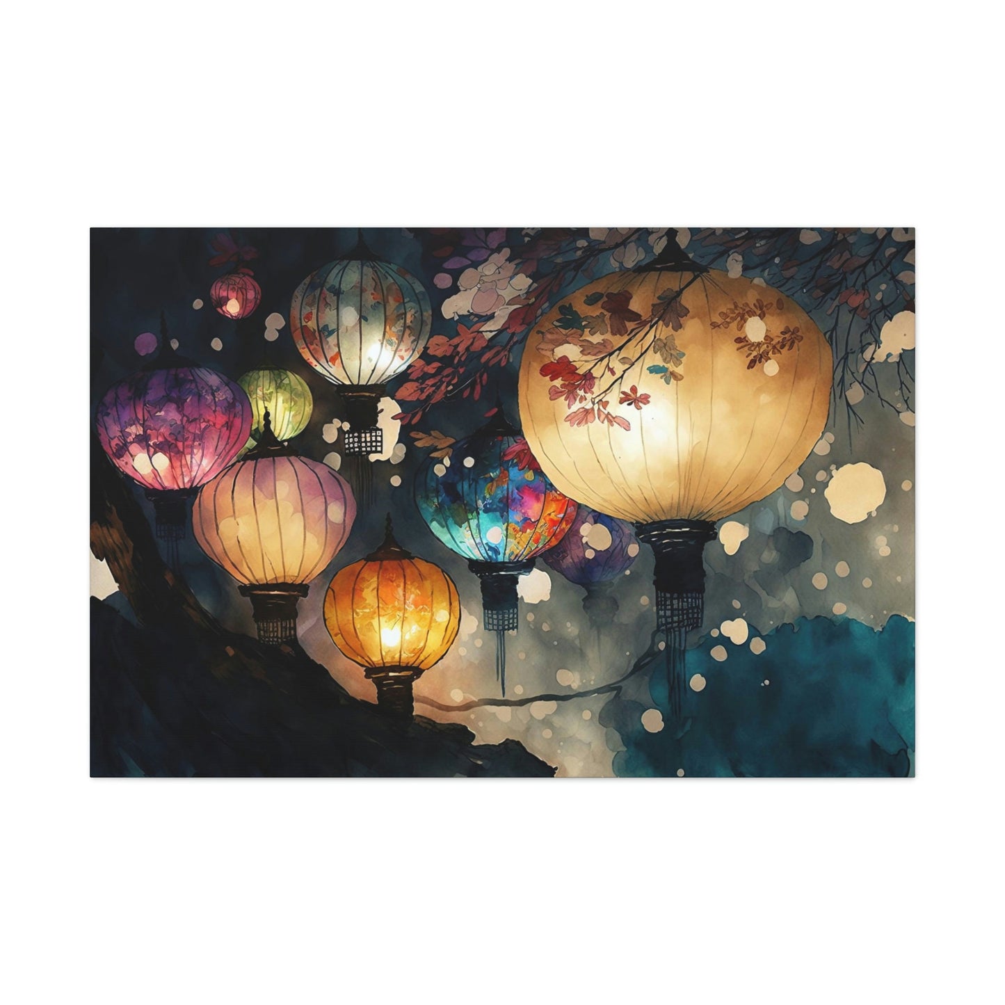 Paper Lantern Festival Canvas Art Ready To Hang Large Print, Night Sky, Watercolor, Chinese, Japanese