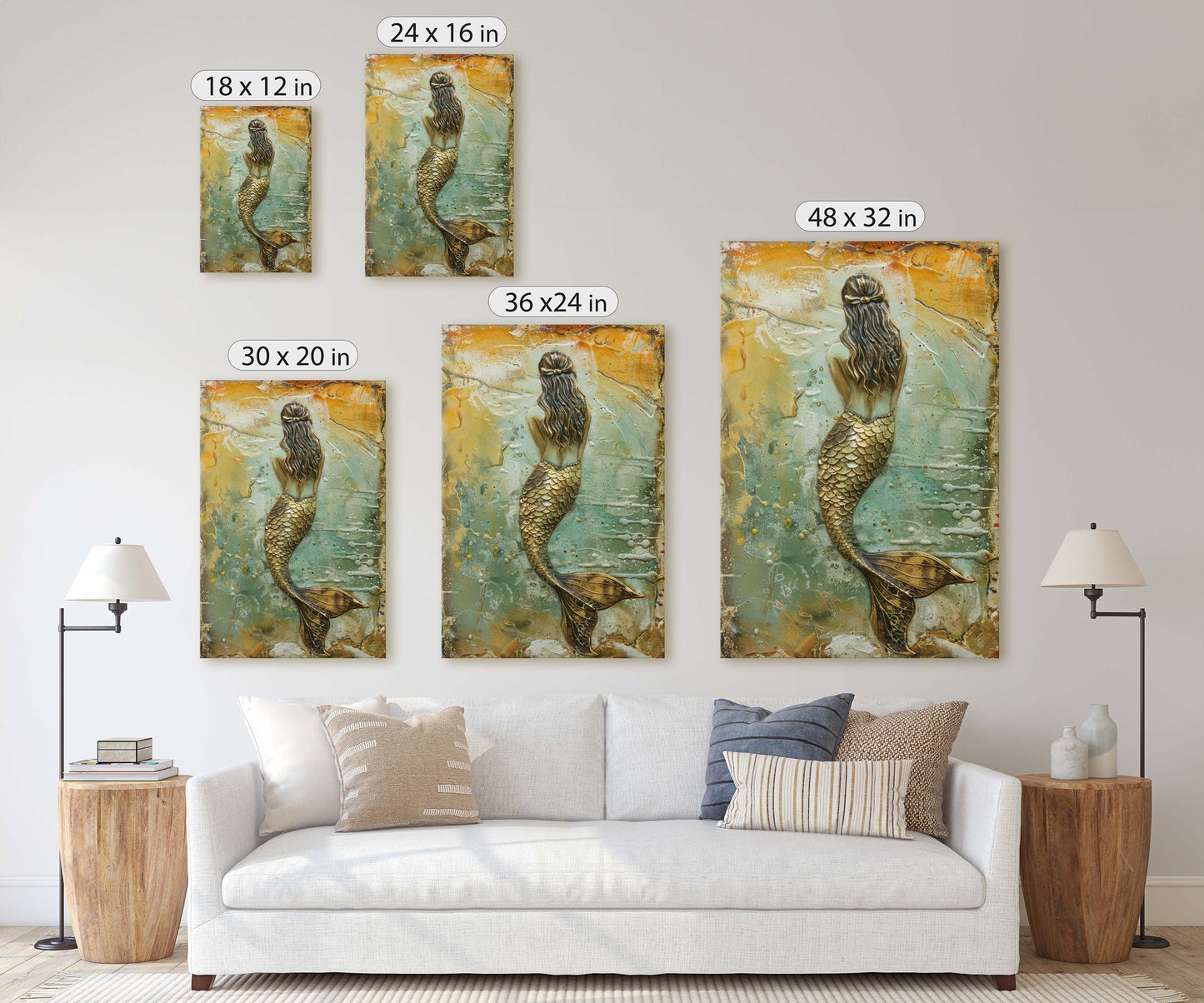 Rustic Mermaid, Faux metal art, Mythical Creature, Ocean Decor, Framed Canvas, Large Art print, Fantasy Painting