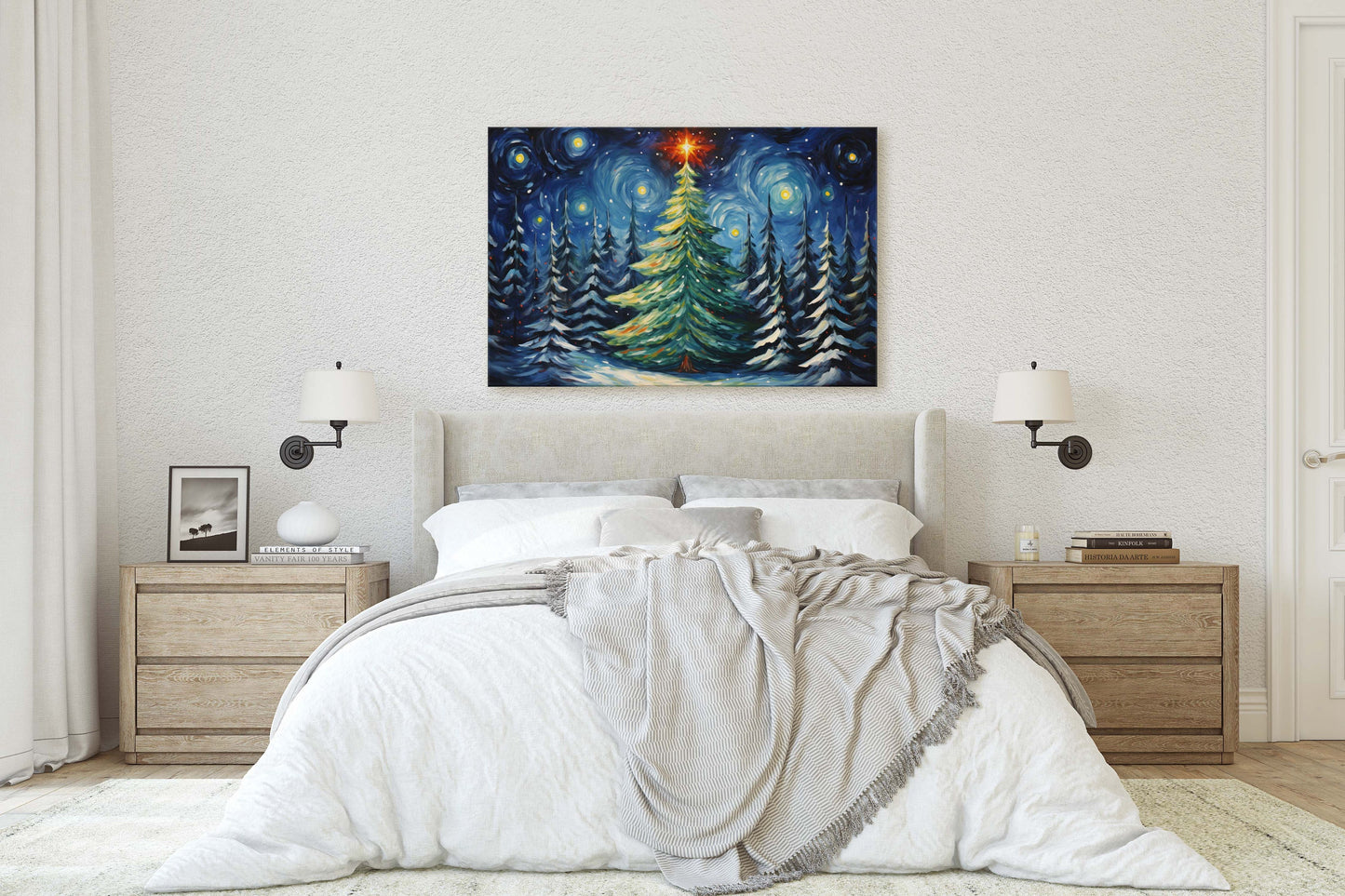 Starry Christmas Tree, Starry Night, Christmas Painting, Xmas Decor, Framed Canvas, Large Painting, Festive Print, Winter Art