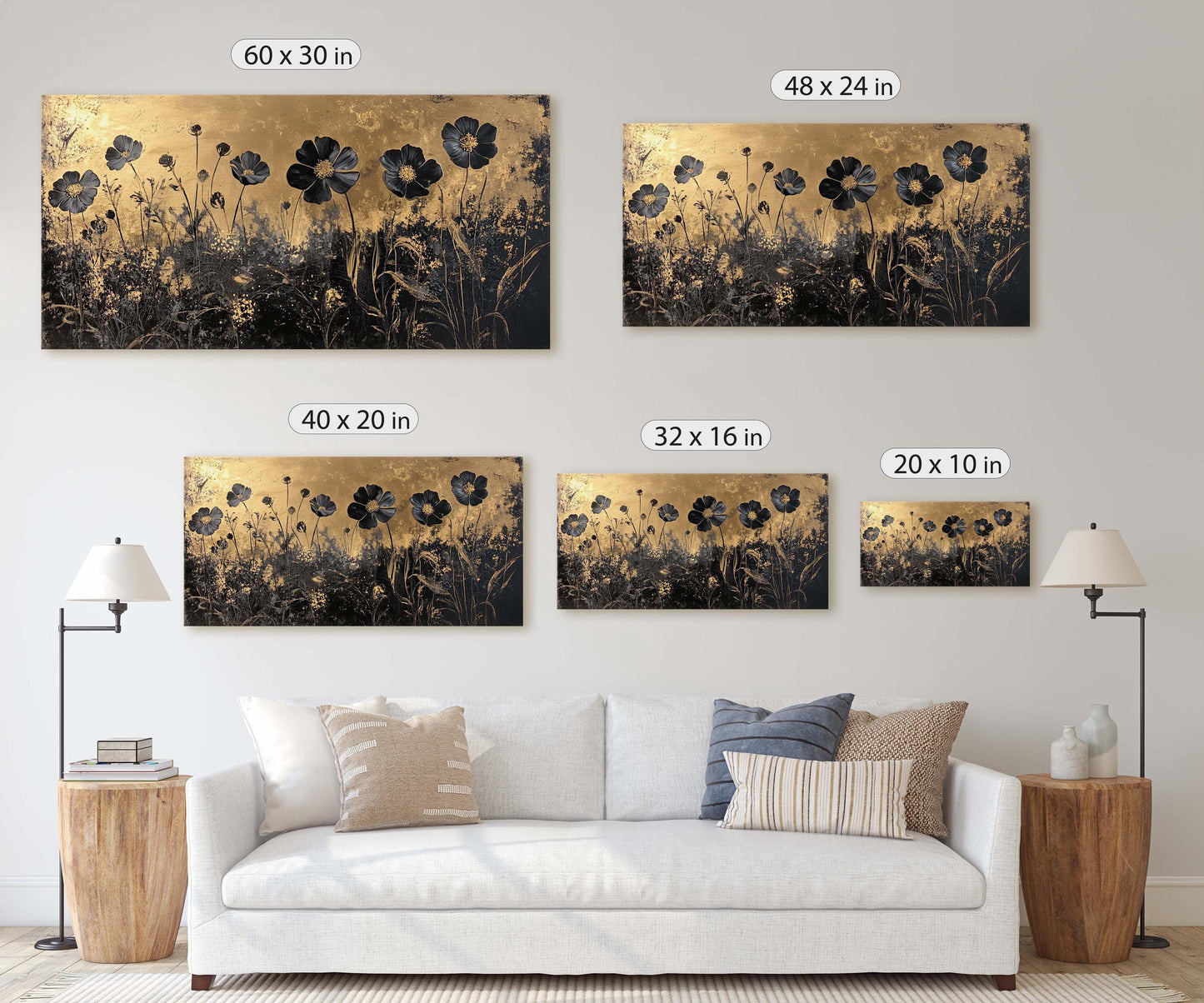 Black and Gold, Wildflowers Print, Flower Art, Botanical Print, Modern, Contemporary