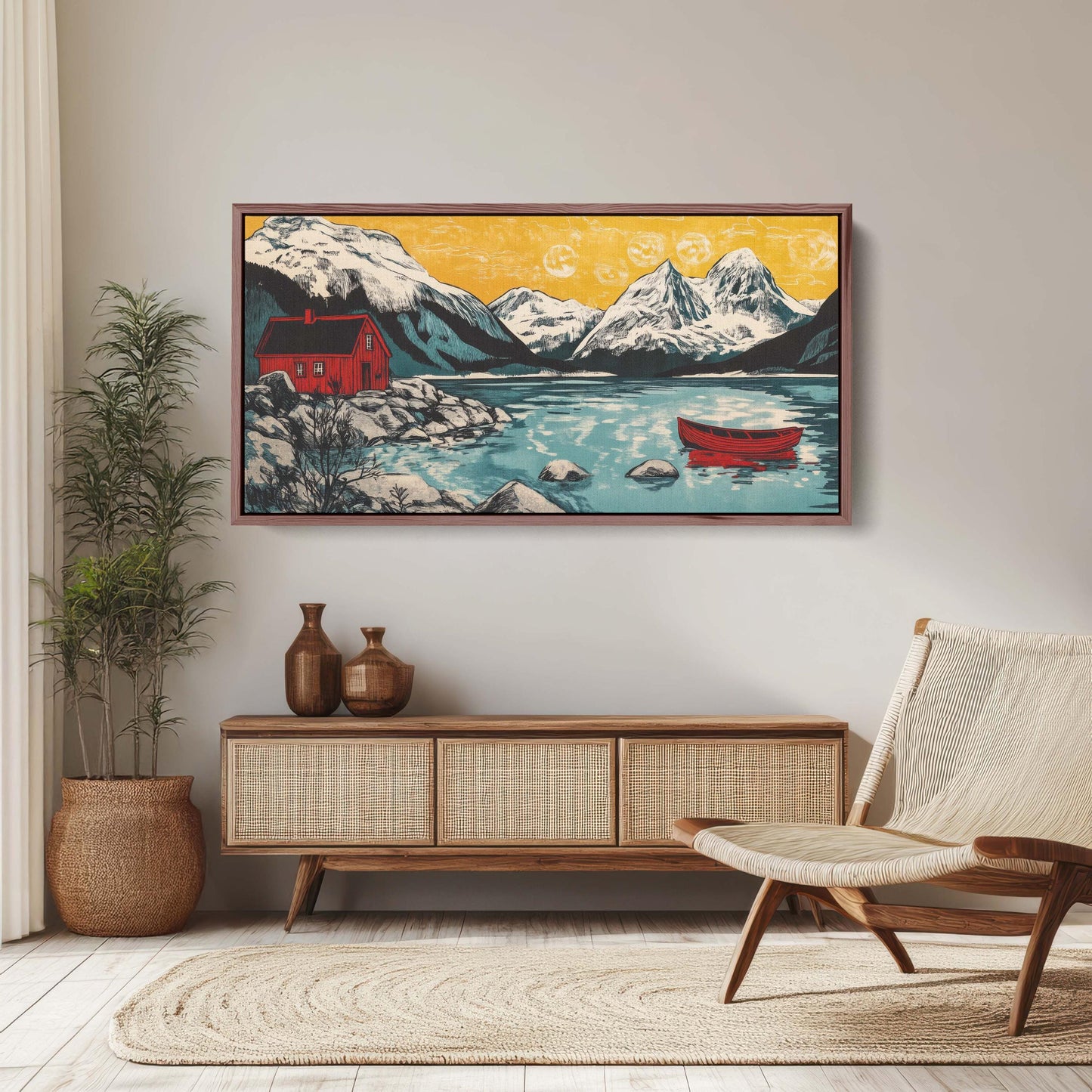 Scandinavian Art, Mountain Cabin, Mountain Lake, Canoe Lake