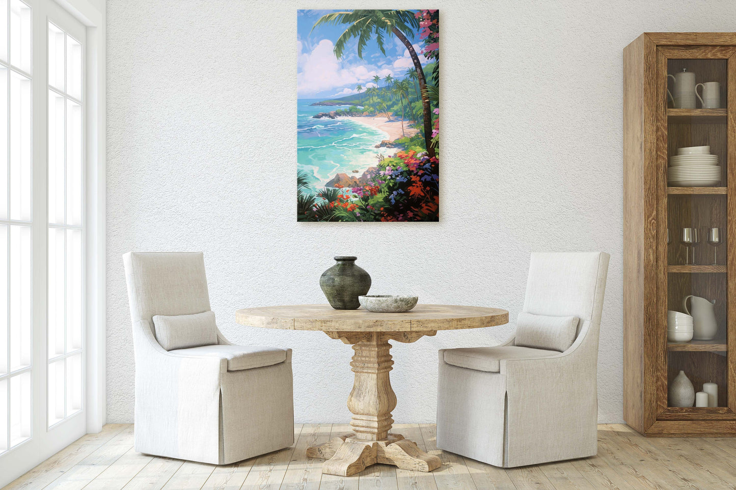 Flower Beach on Canvas, Coastal Painting, Palm Tree, Tropical Island, Framed Canvas, Palm Coast, Green Water, Blue Water