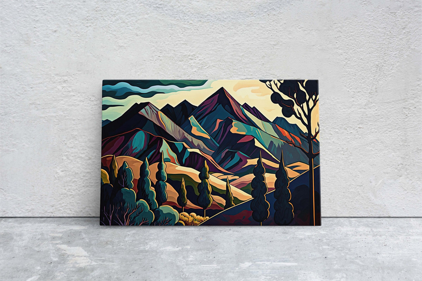 Surreal Mountain, Subdued Landscape, Simplistic Painting, Minimal Abstract, Modern, Art Deco, Geometric Shapes