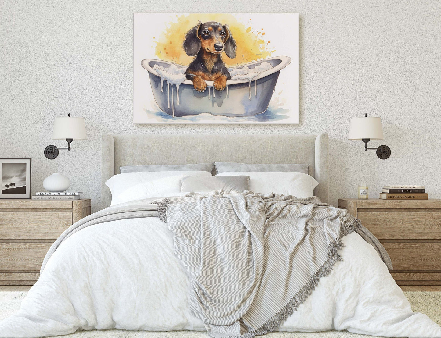 Dachshund Bath, Dog in Bathtub, Bathroom Decor, Kids Bath, Powder room, Fun Art, Wiener Dog, Bath time Art, Cute Dog Art, Silly Puppy