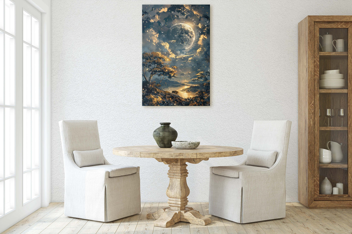 Full Moon, Celestial Painting, Night Sky, Golden Glow, Majestic Landscape, Framed Canvas, Large Art Print