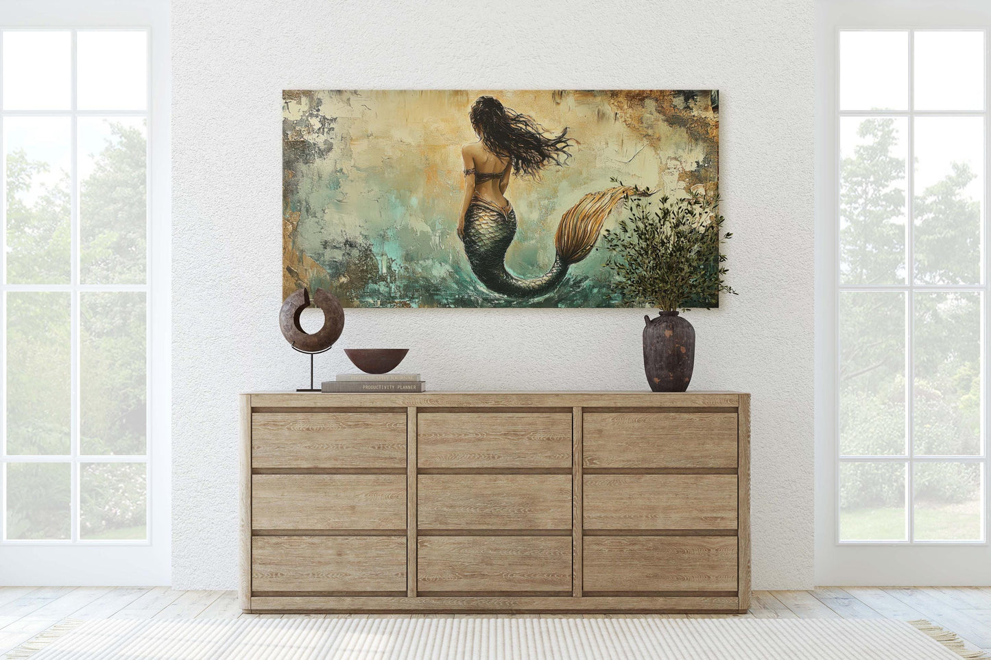 Rustic Mermaid, Faux metal art, Mythical Creature, Ocean Decor, Framed Canvas, Large Art print, Fantasy Painting